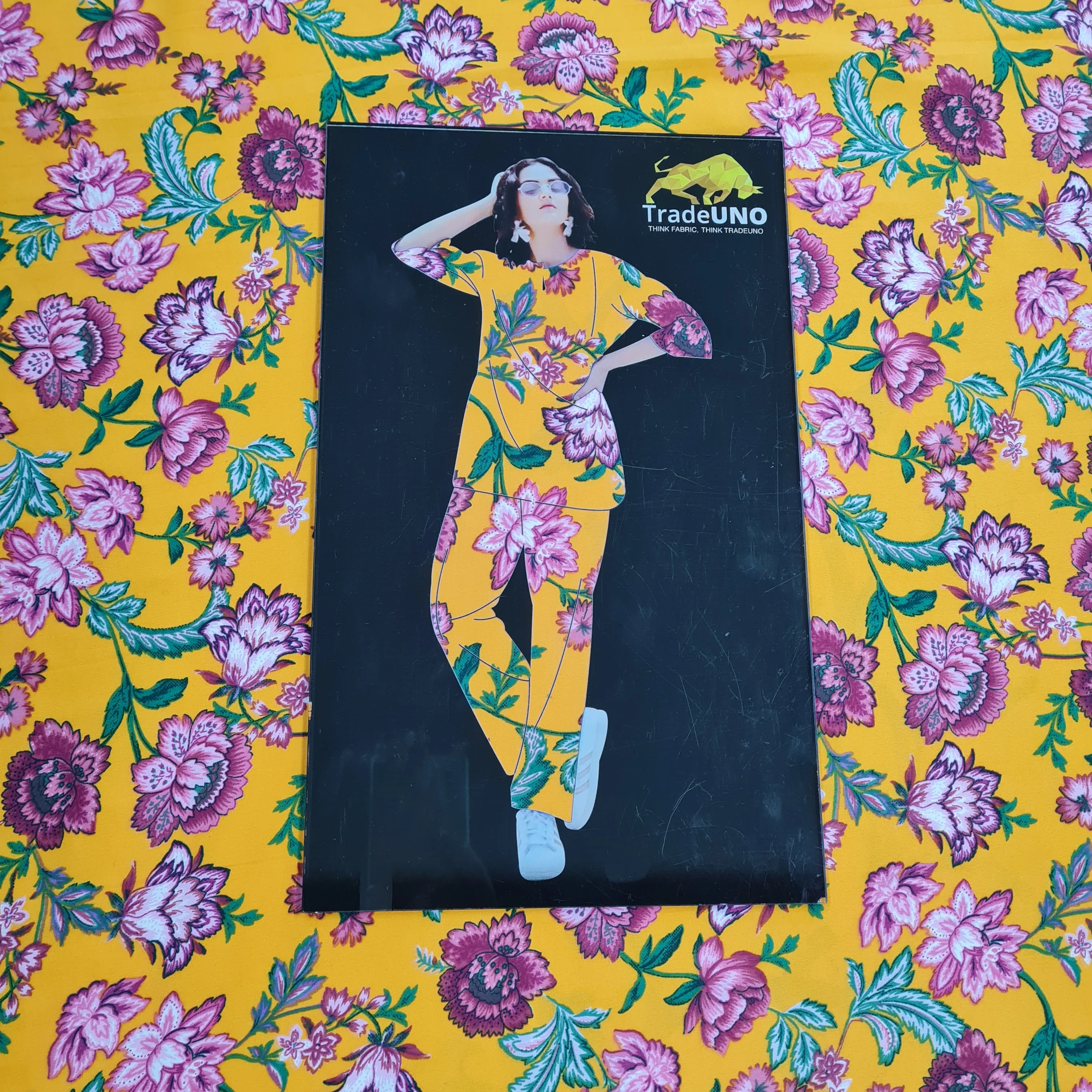 Mustard & Pink Floral Print Crepe Fabric - Image 3