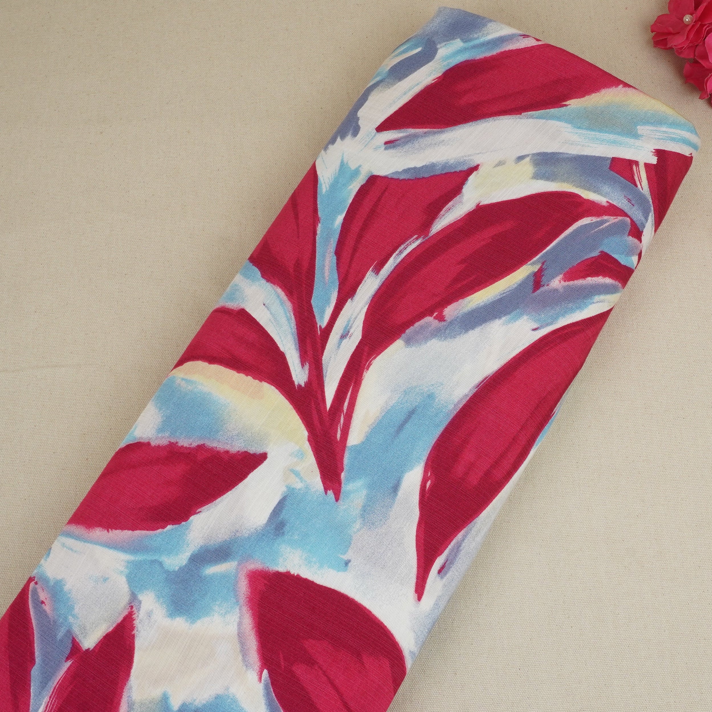 Red With Multicolor Abstract Print Viscose Linen PDM-29473