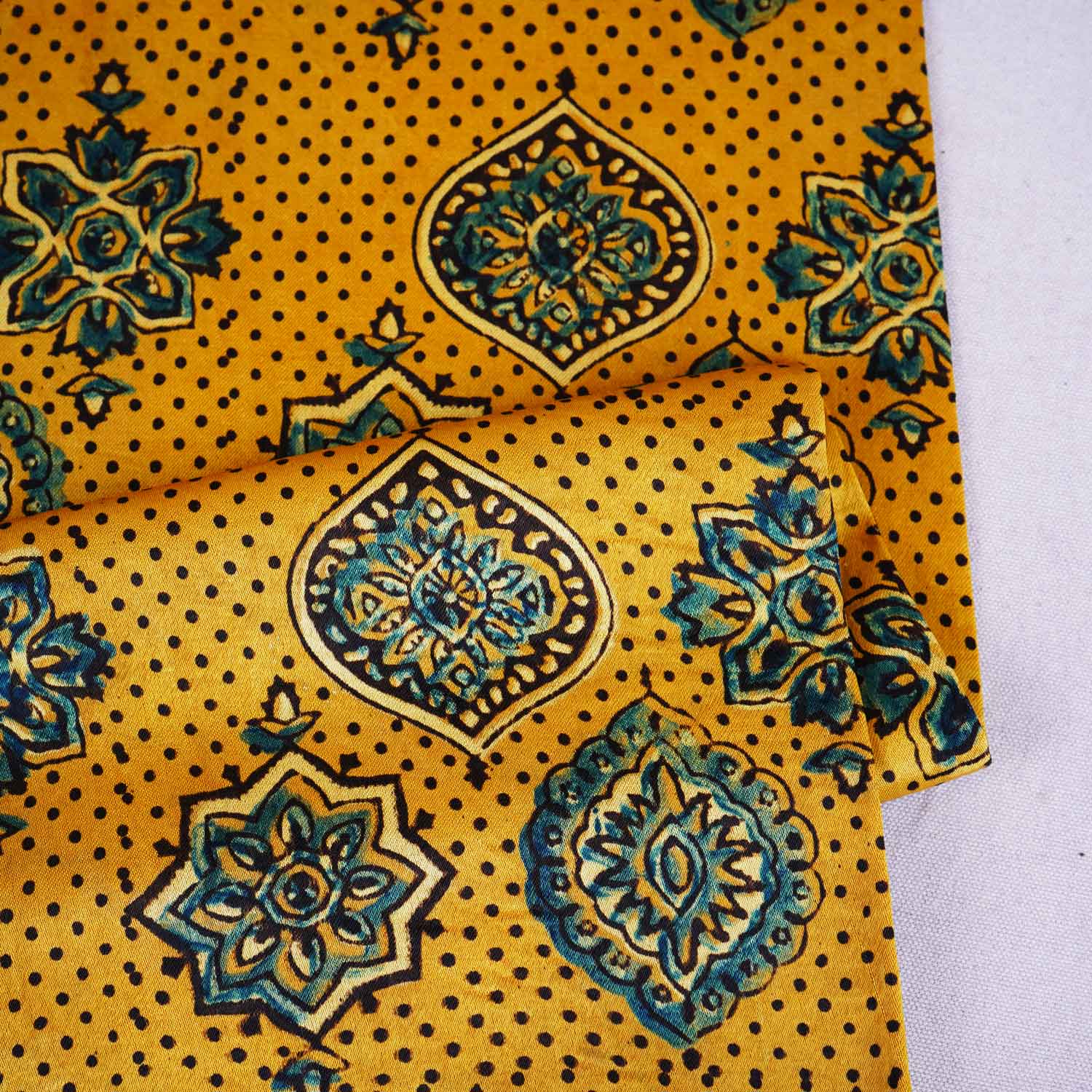 Mustard Yellow Ajrakh Print Mashru Silk Fabric EEG-28668 - Image 2