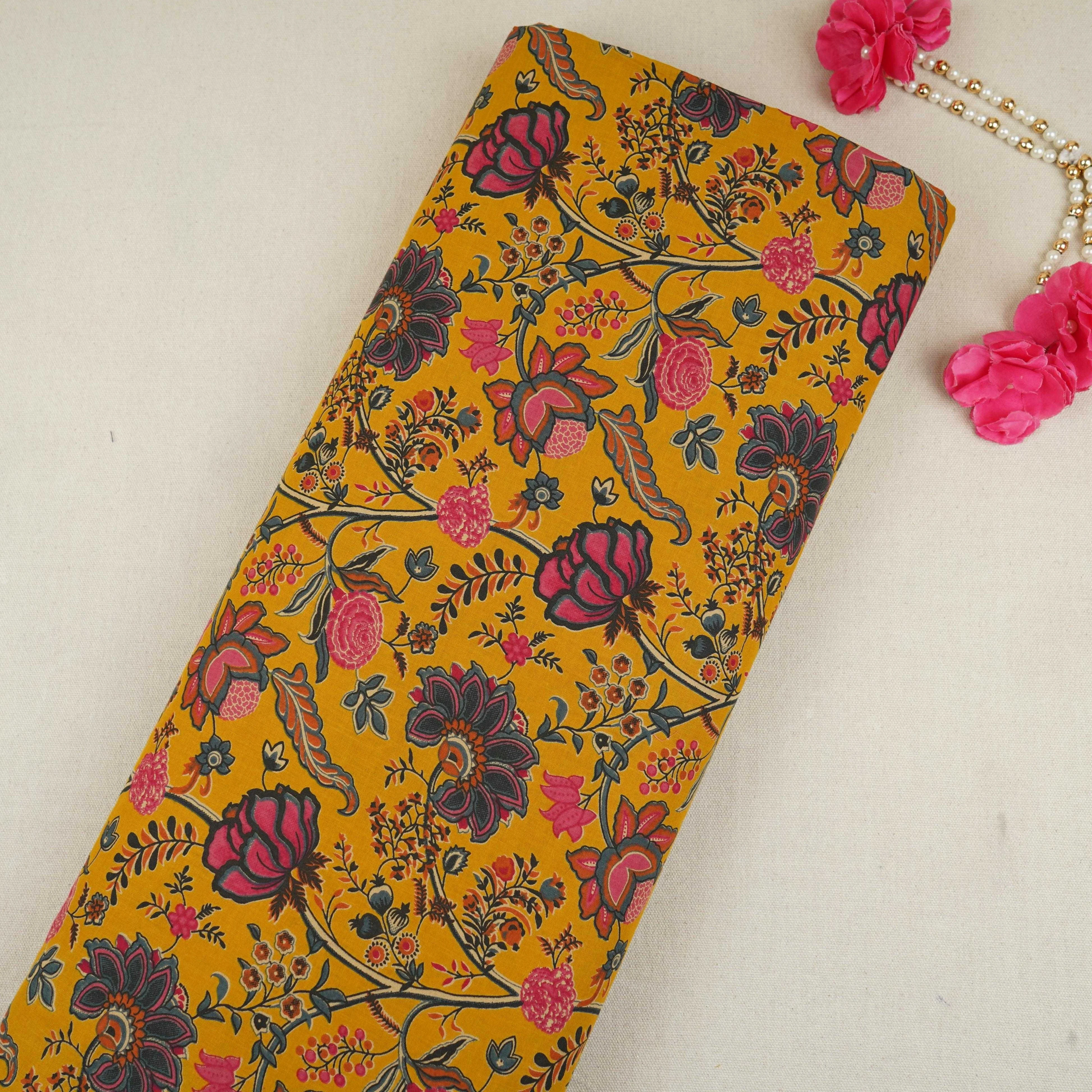 Mustard Yellow Chintz Floral Print Cotton Fabric OG-30331