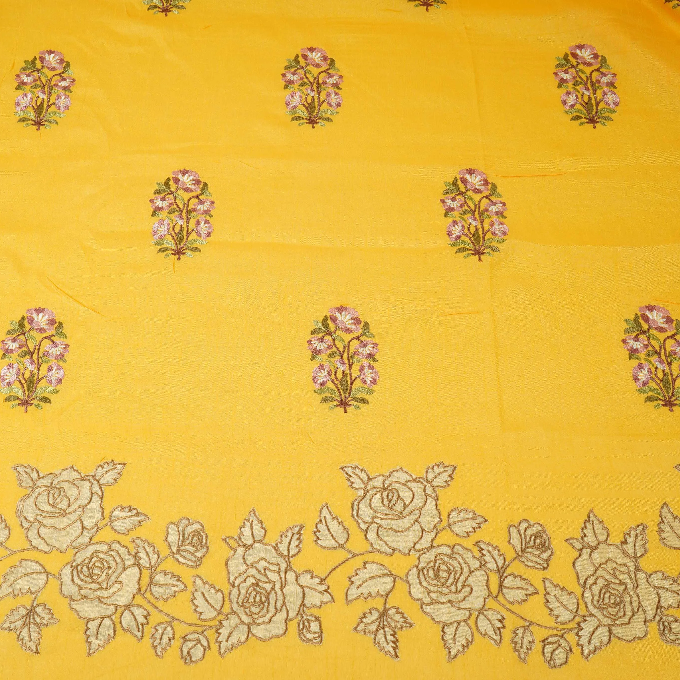 Mustard Yellow floral Border embroidery Raw Silk Fabric VFS-31857 - Image 2