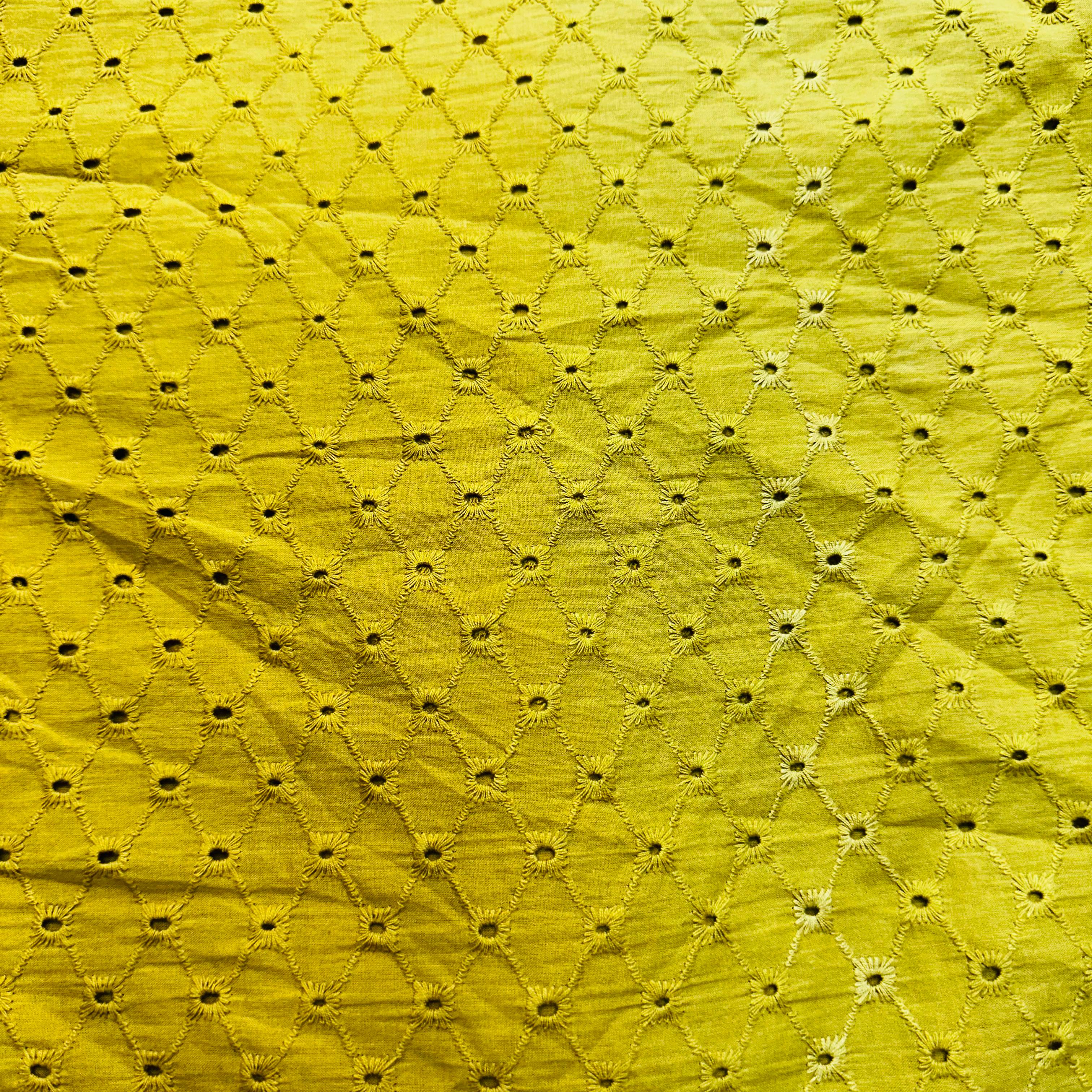 Mustard Yellow Floral Embroidery Cotton Schiffli Fabric - Image 2