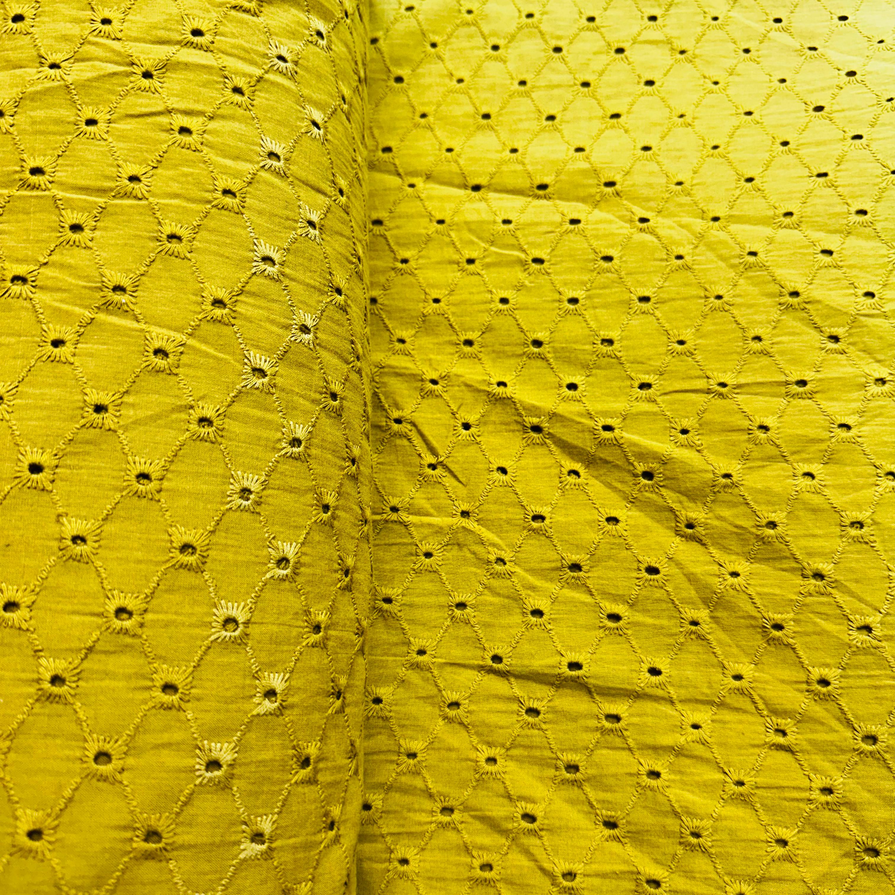 Mustard Yellow Floral Embroidery Cotton Schiffli Fabric - Image 3