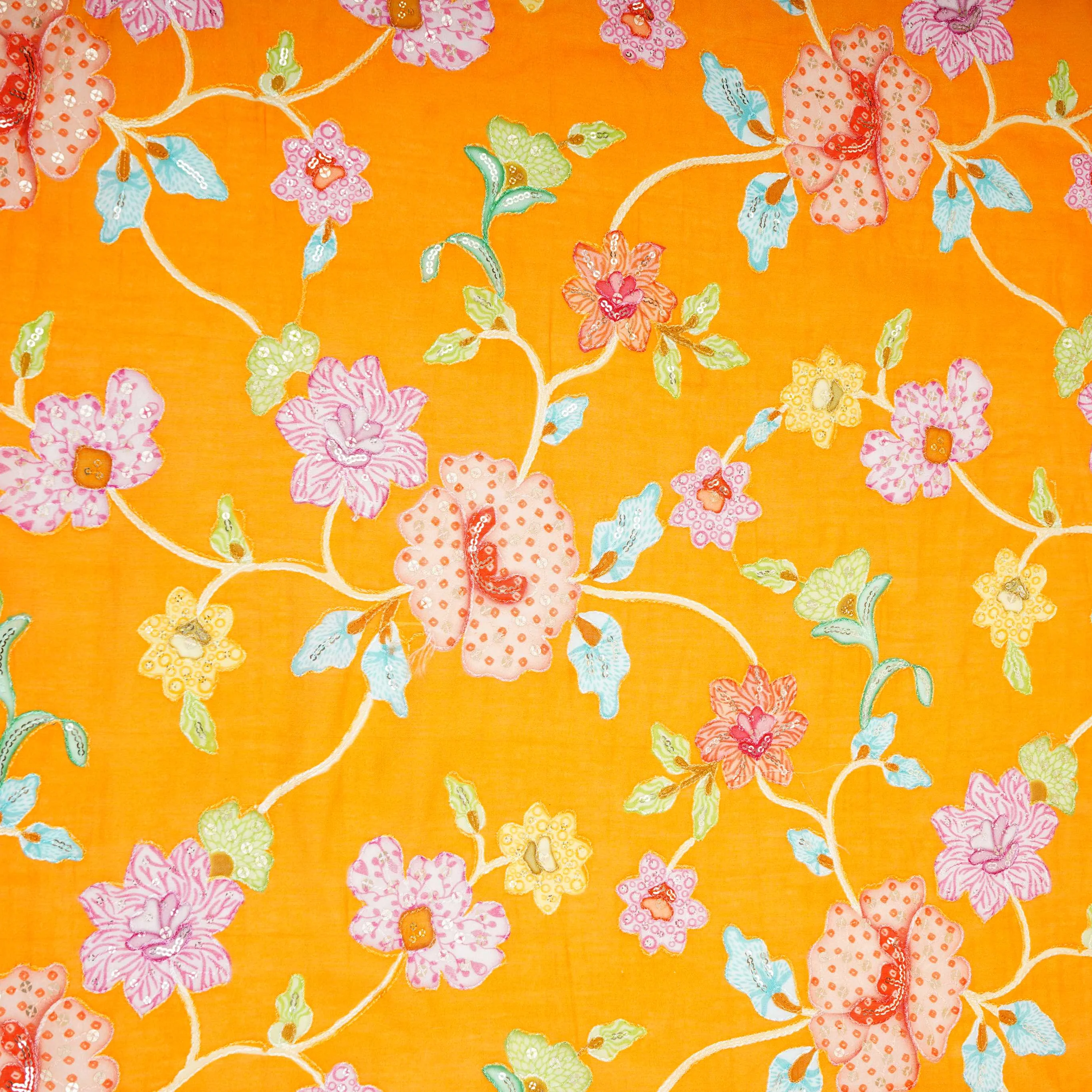 Mustard Yellow floral embroidery Mul Chanderi Fabric GTS-31131 - Image 3