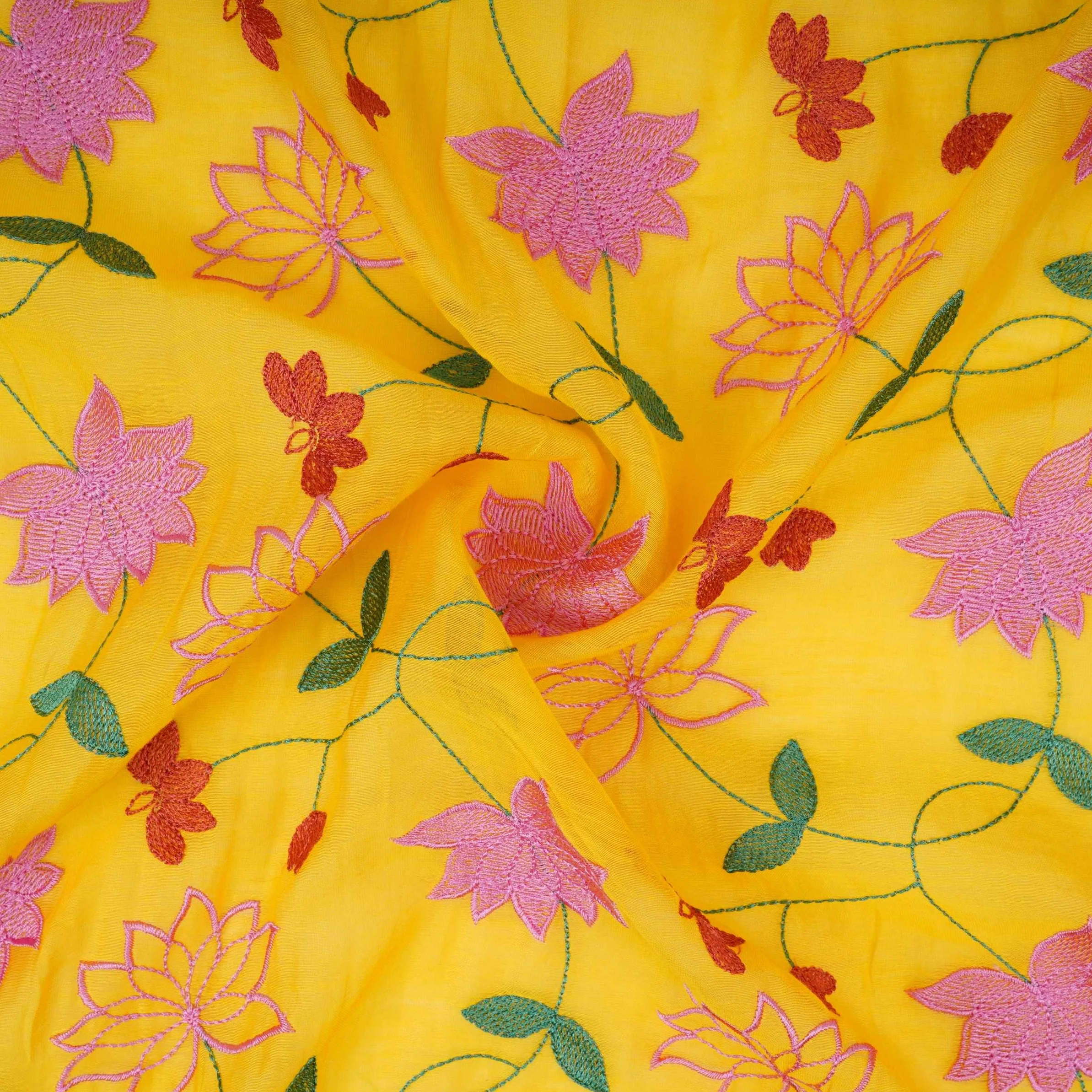 Mustard Yellow floral jaal embroidery Malai Chanderi Fabric SNTF-32227 - Image 4