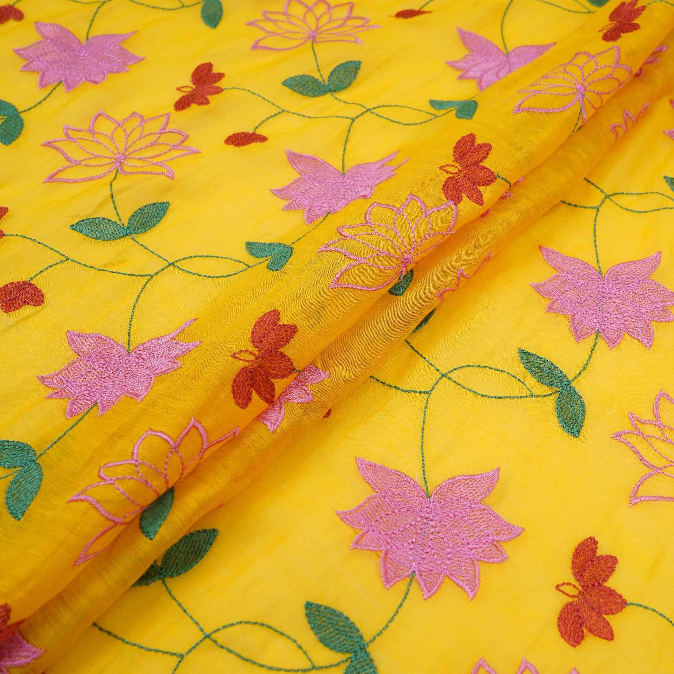 Mustard Yellow floral jaal embroidery Malai Chanderi Fabric SNTF-32227 - Image 5