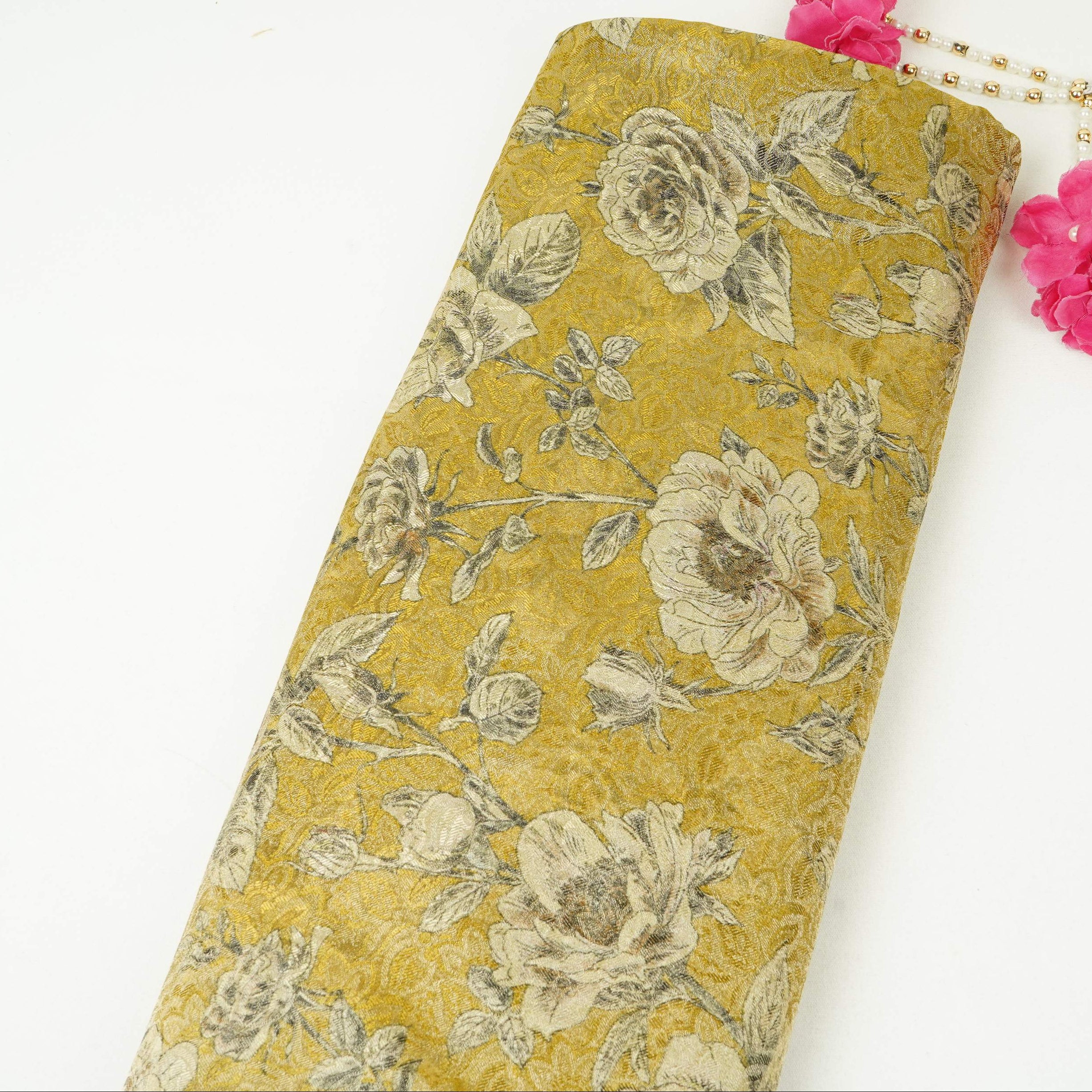 Mustard Yellow floral Jacquard Tissue Fabric MTF-31794