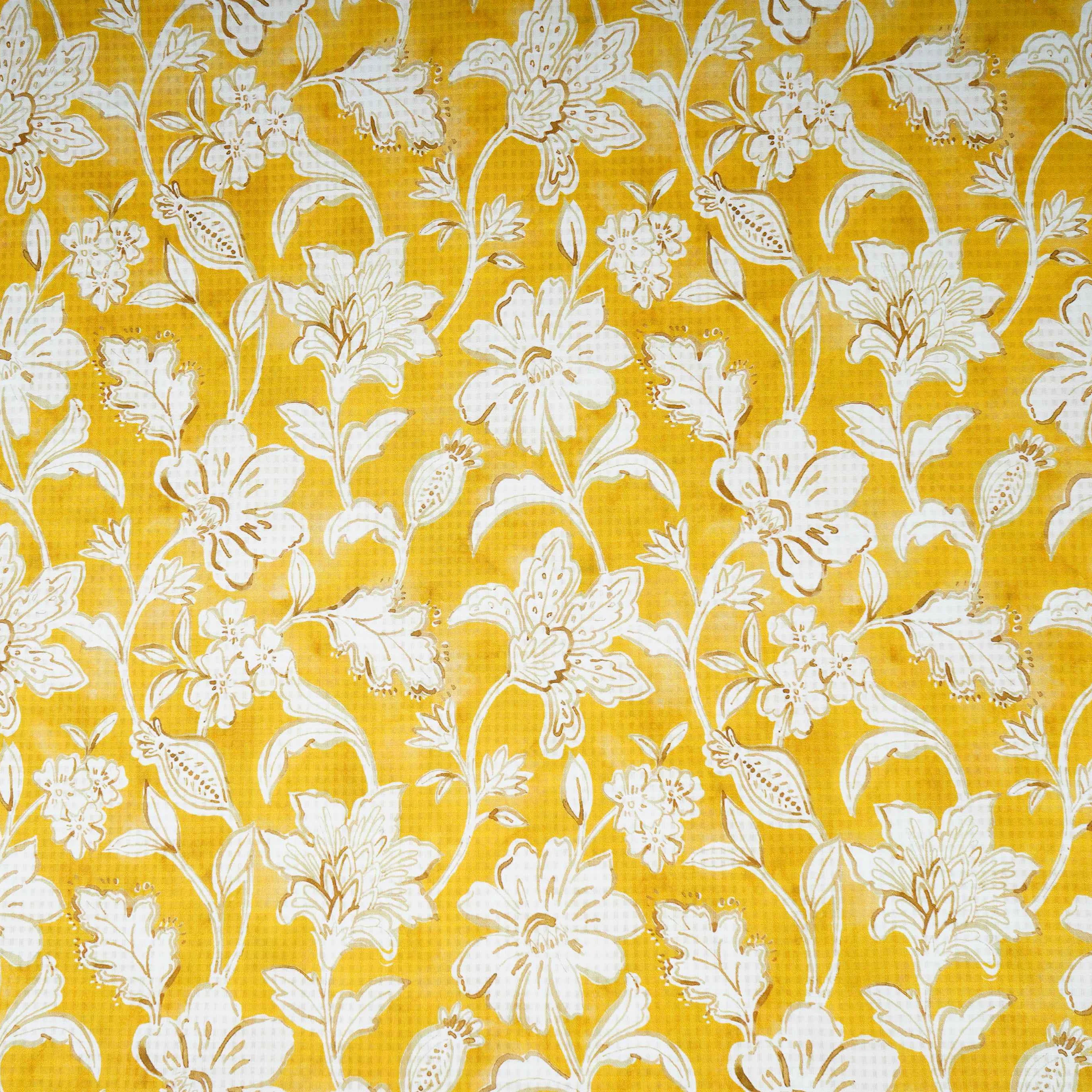 Mustard Yellow floral print Cotton Checks Fabric PI-31851 - Image 2