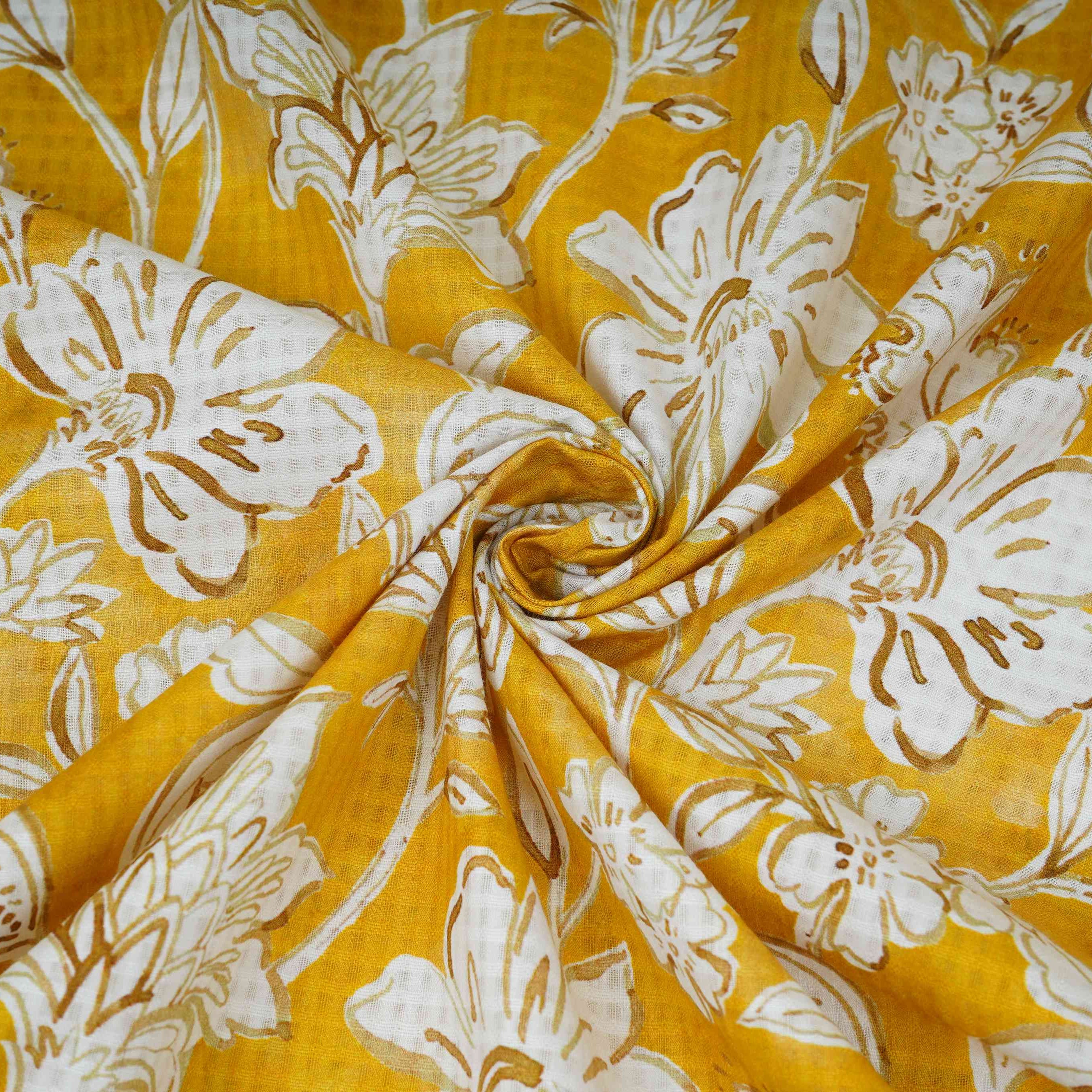 Mustard Yellow floral print Cotton Checks Fabric PI-31851 - Image 4