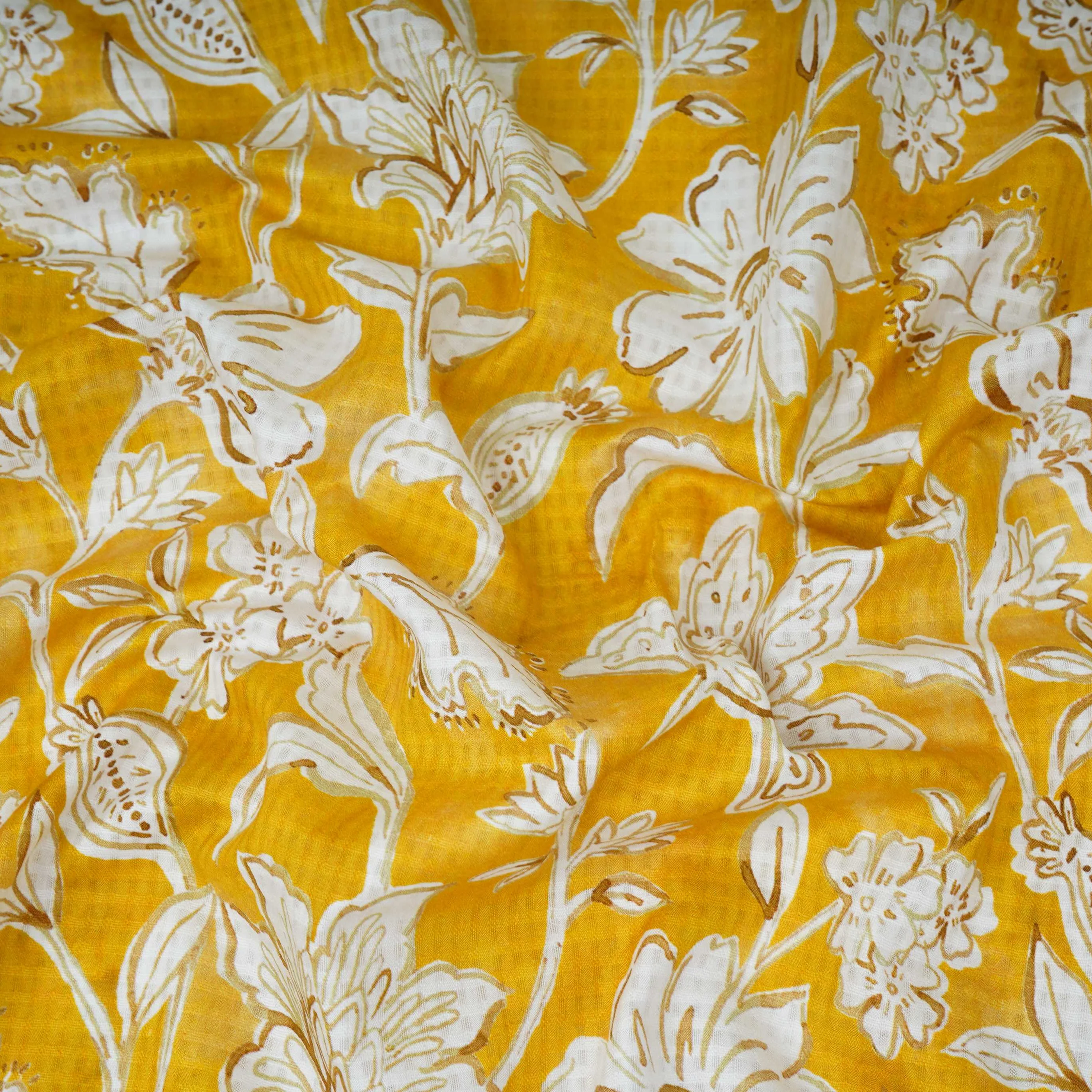 Mustard Yellow floral print Cotton Checks Fabric PI-31851 - Image 5