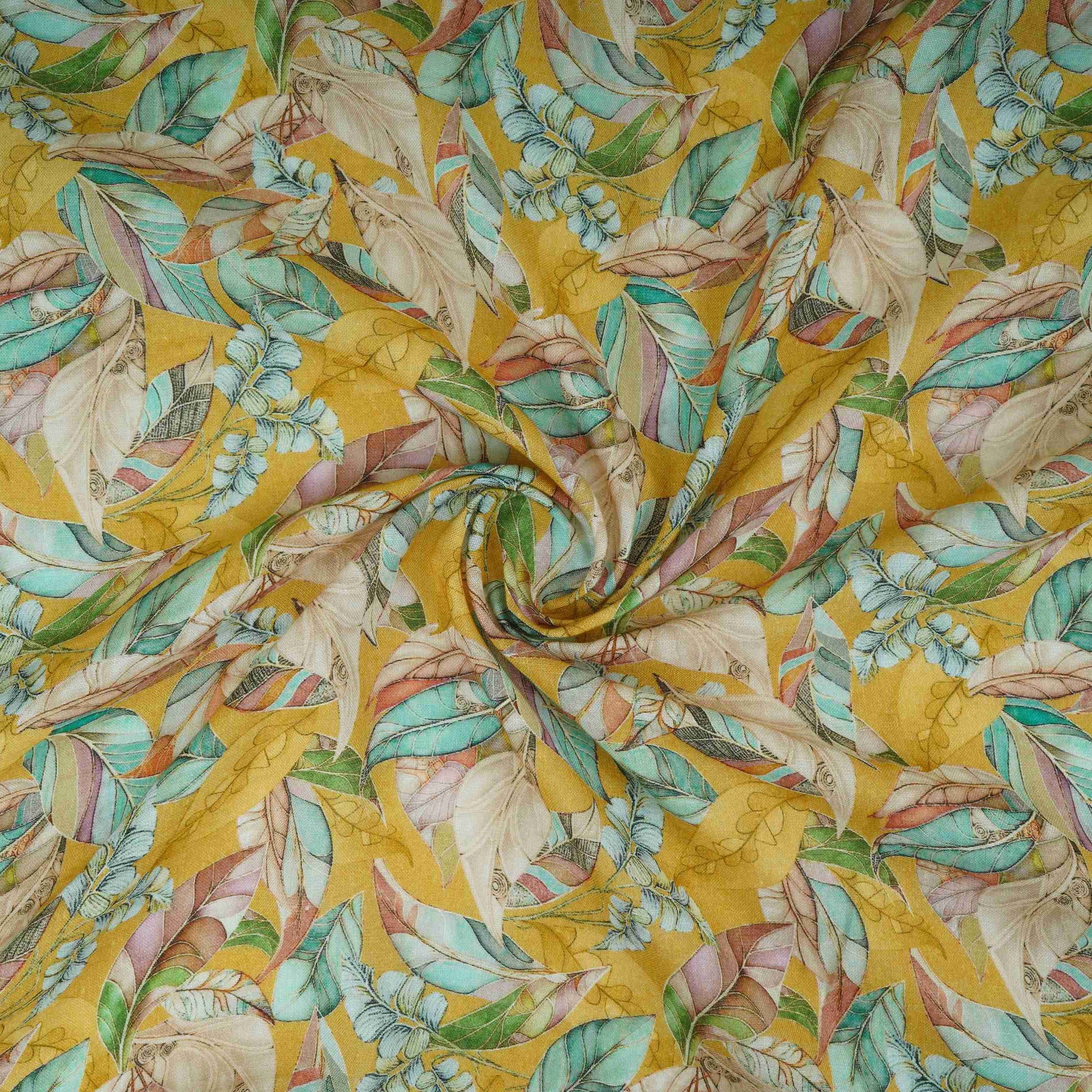 Mustard Yellow Floral Print Cotton Linen Fabric RT-30971 - Image 3