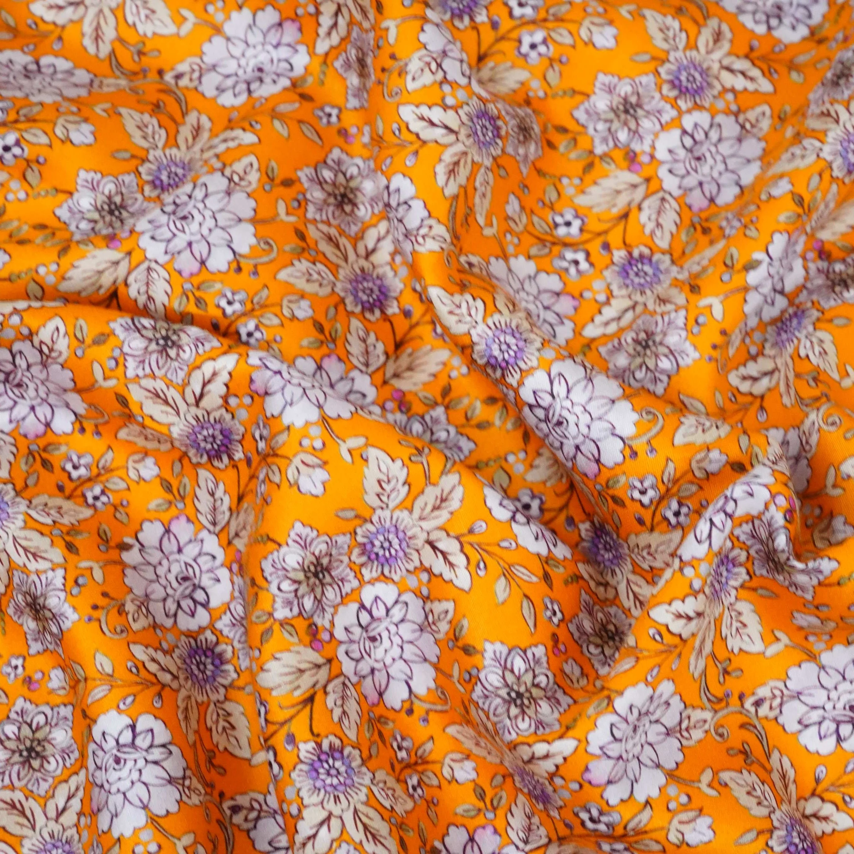 Mustard Yellow Floral Print Cotton Satin Fabric PG-30439 - Image 4