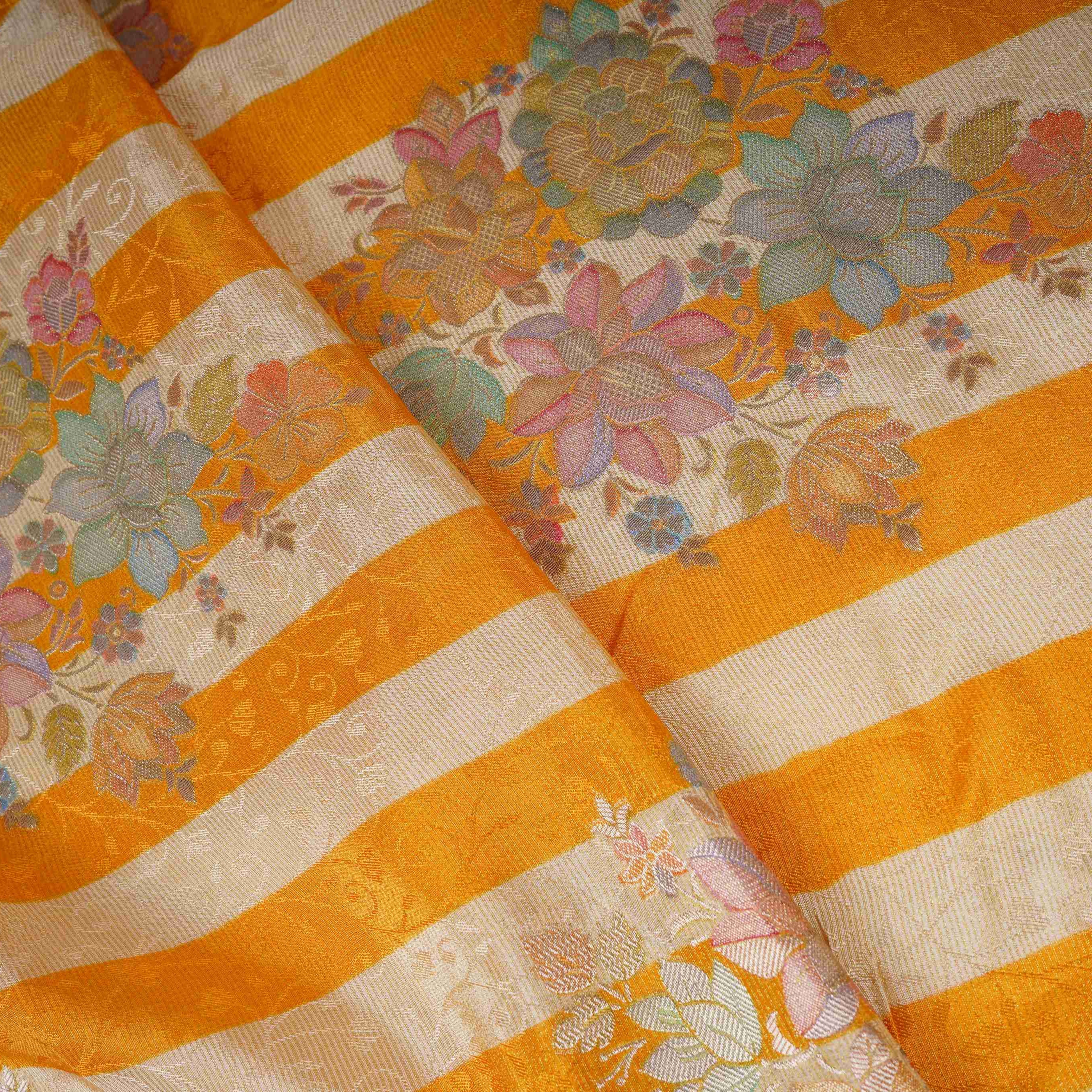 Mustard Yellow Stripes Meenakari Floral Pure Tissue Fabric SGS-30721 - Image 4