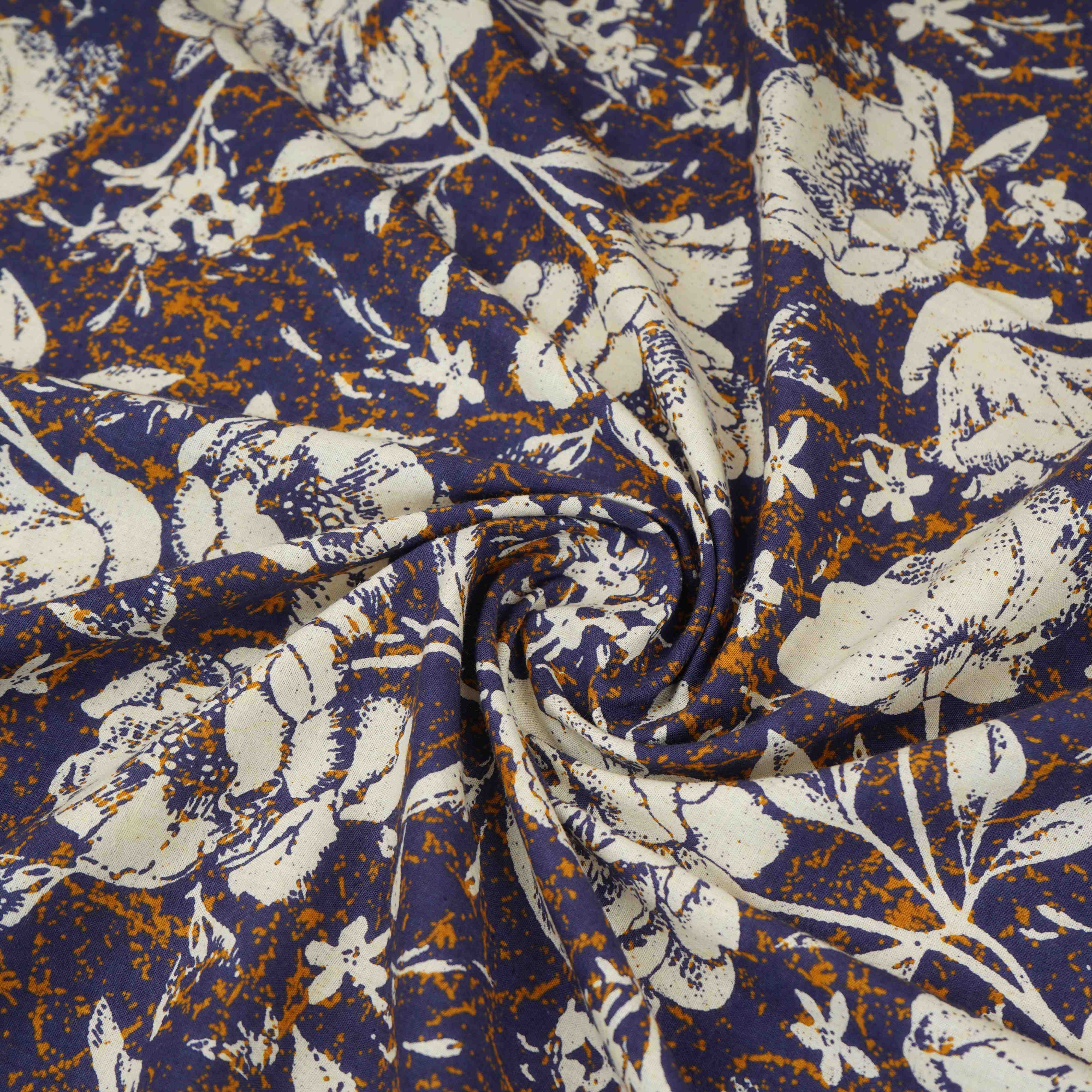 Navy Blue & White Floral Print Cotton Fabric OG-30314