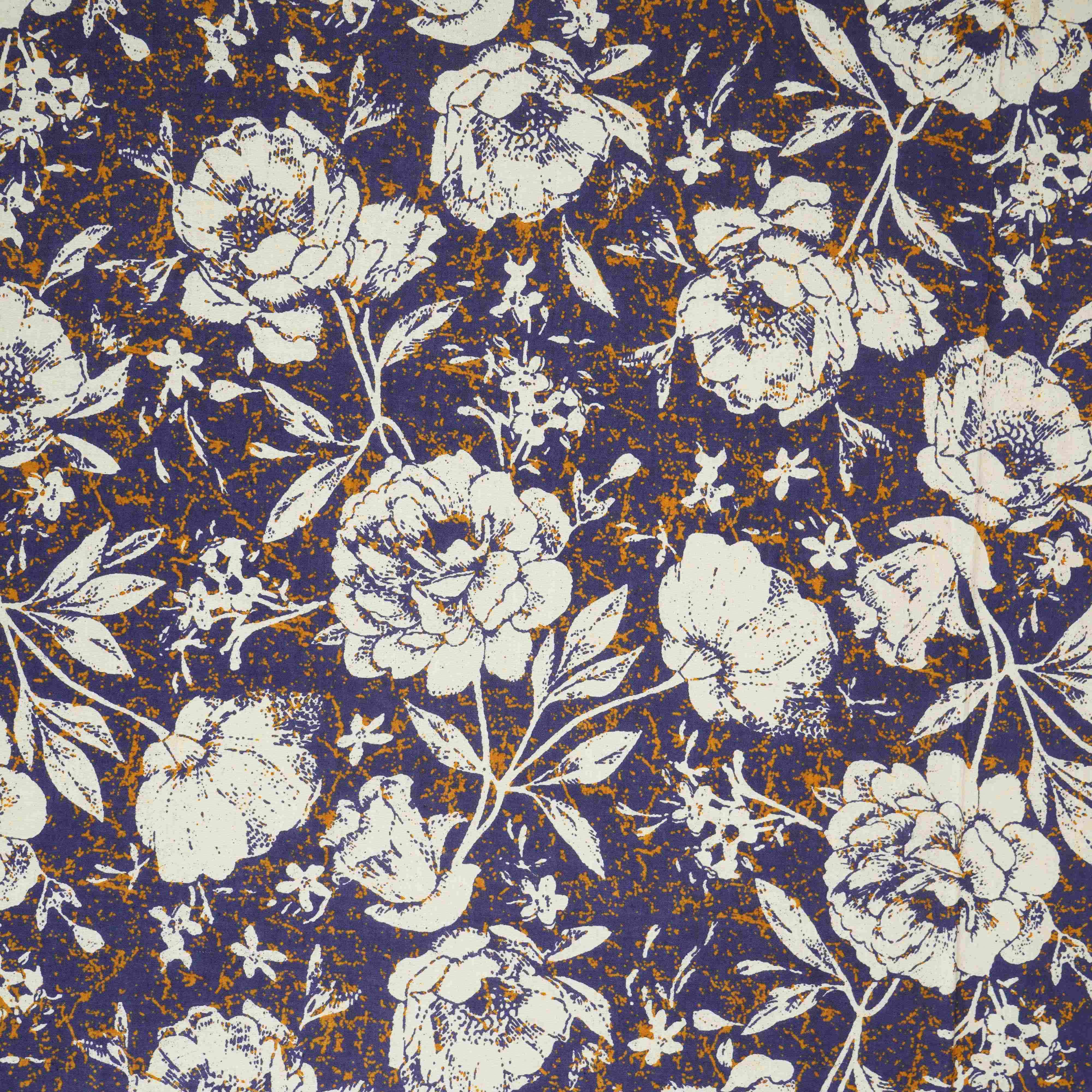 Navy Blue & White Floral Print Cotton Fabric OG-30314 - Image 3