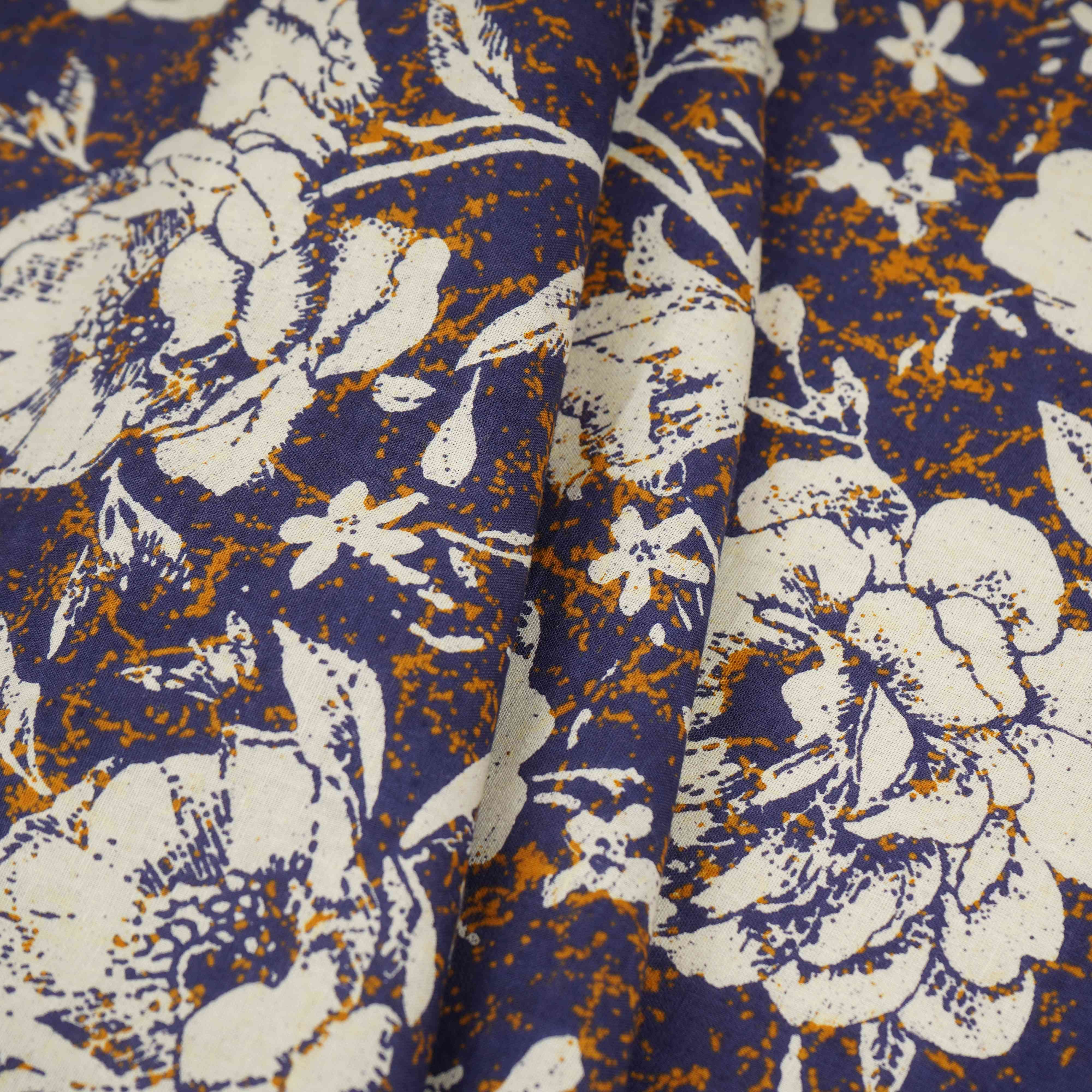 Navy Blue & White Floral Print Cotton Fabric OG-30314 - Image 4