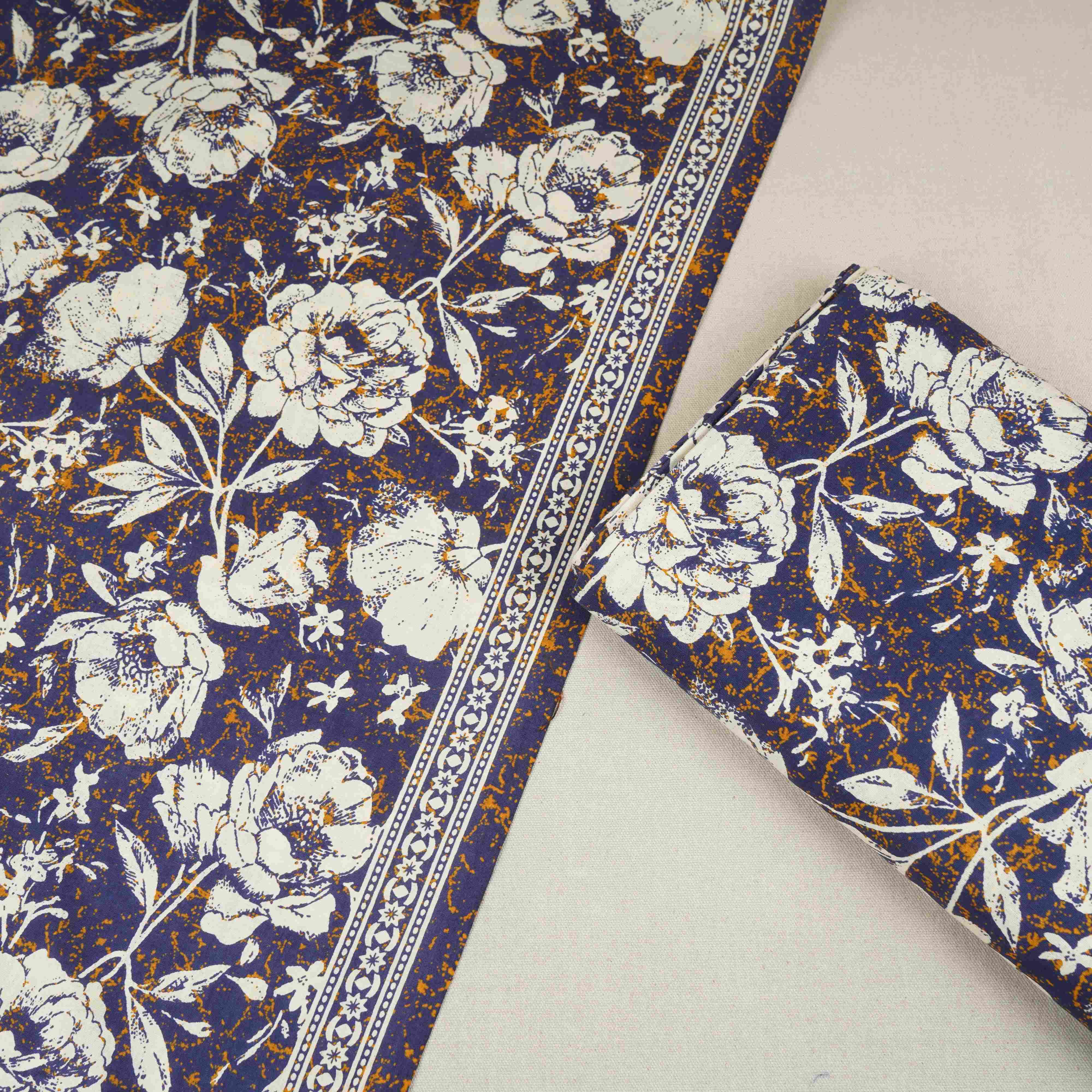Navy Blue & White Floral Print Cotton Fabric OG-30314 - Image 5