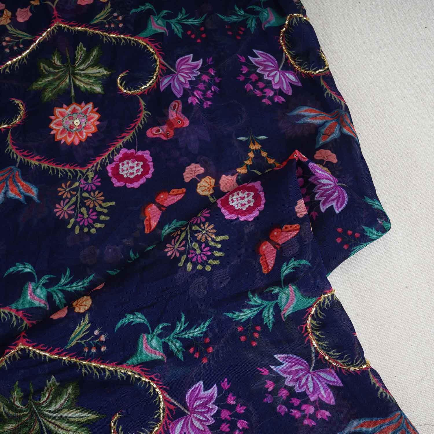 Navy Blue Cutdana Work Floral Print Organza Fabric MT-28294 - Image 2