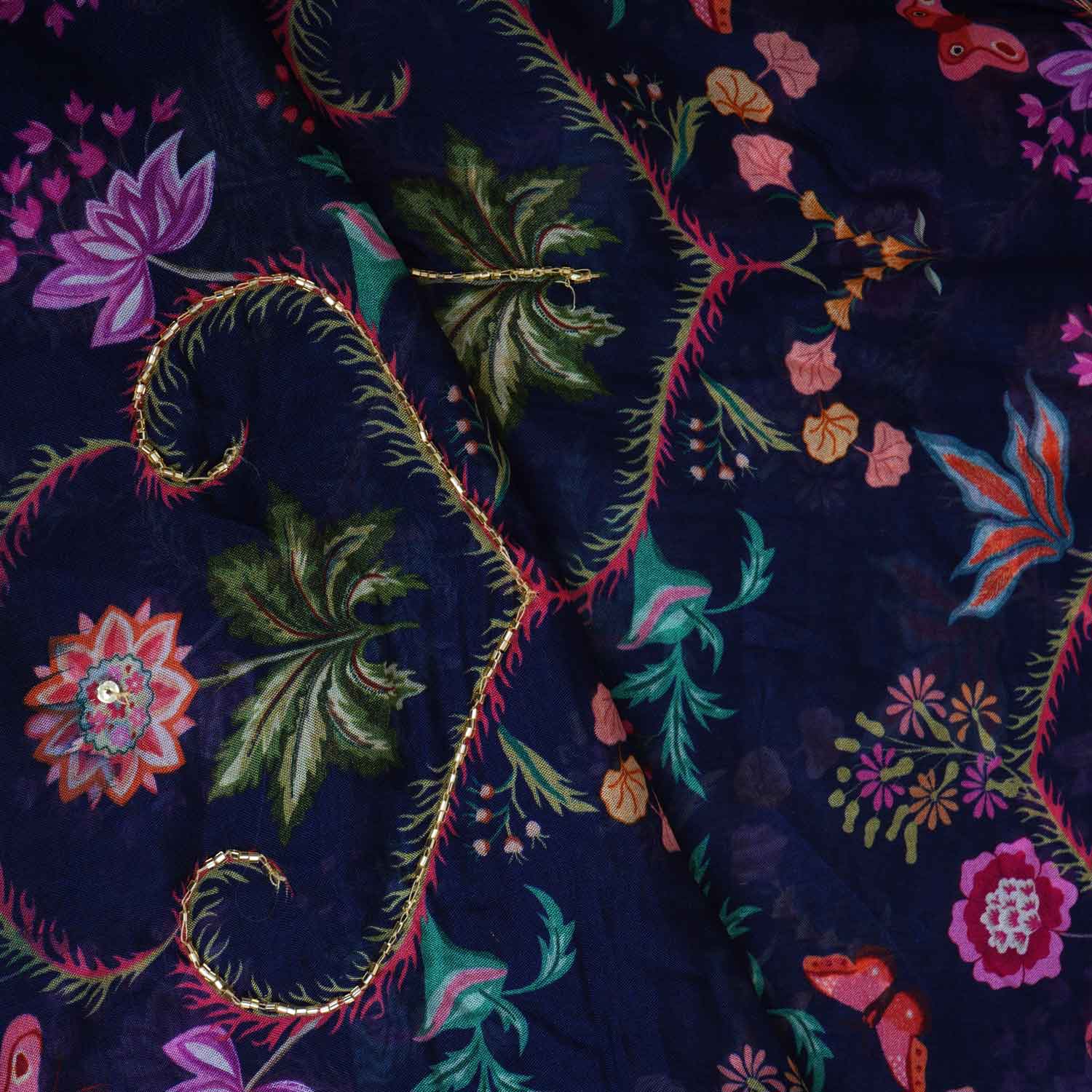 Navy Blue Cutdana Work Floral Print Organza Fabric MT-28294 - Image 3