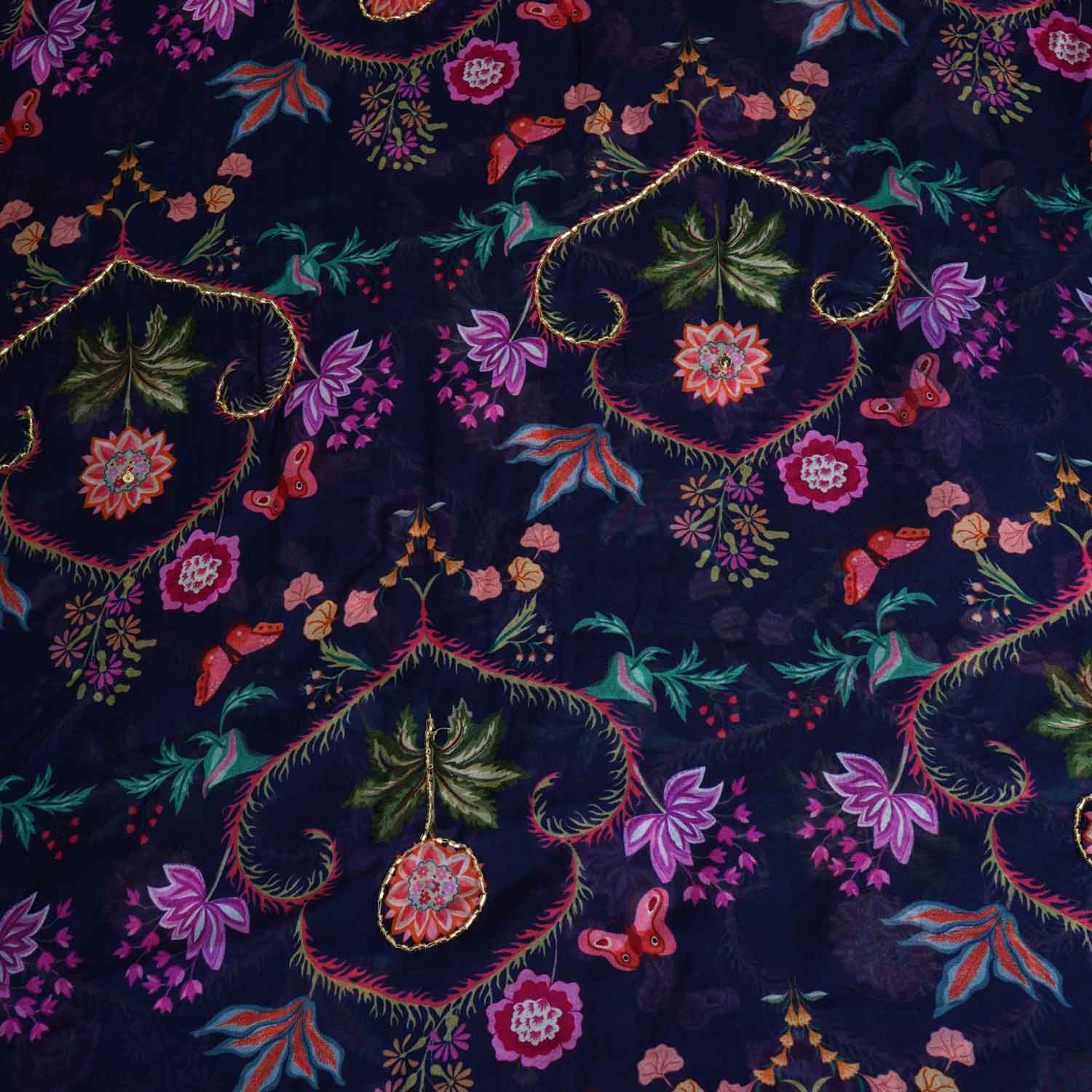 Navy Blue Cutdana Work Floral Print Organza Fabric MT-28294 - Image 4