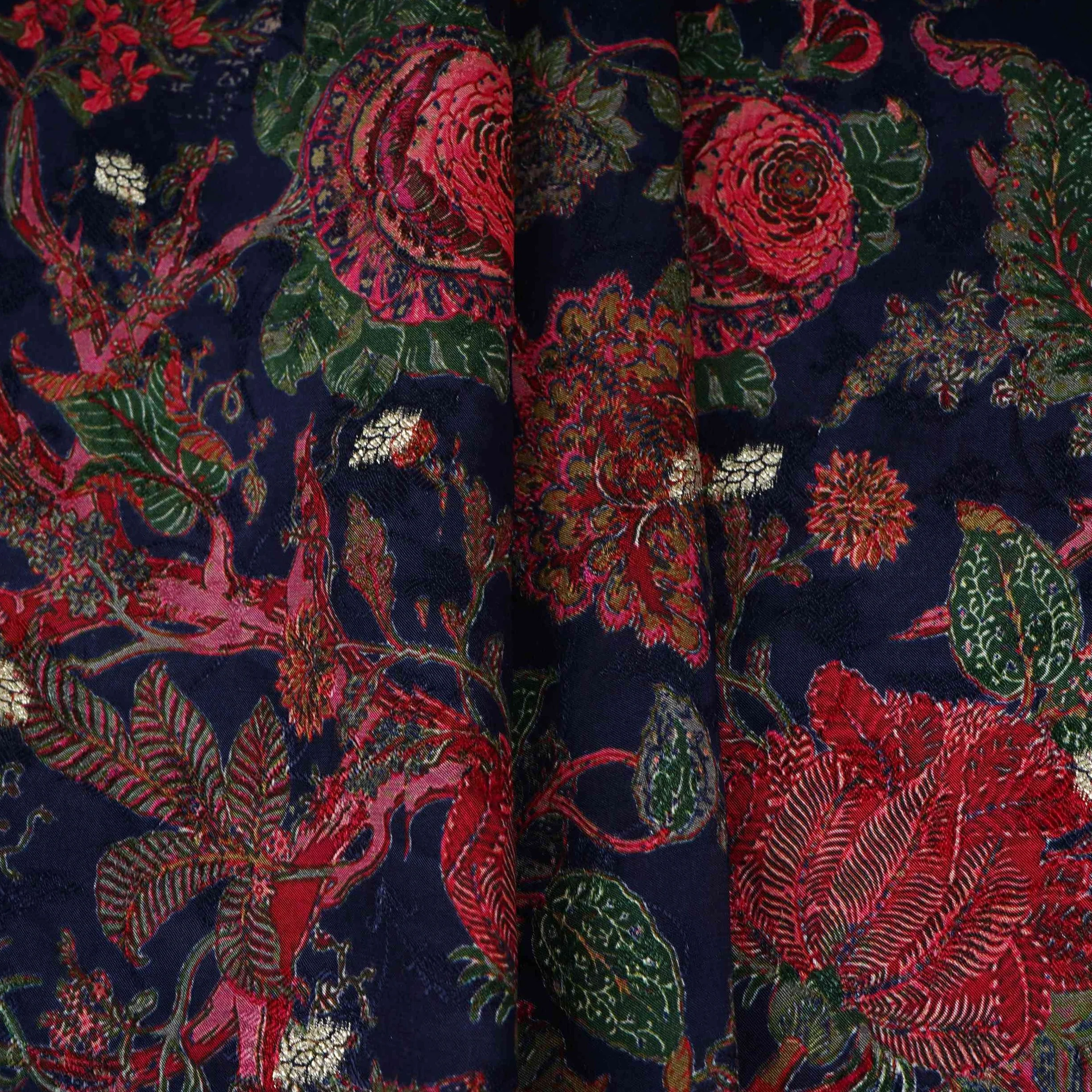 Navy Blue floral Jari Jacquard Pure Bemberg Crepe Fabric MTFG-31093 - Image 4