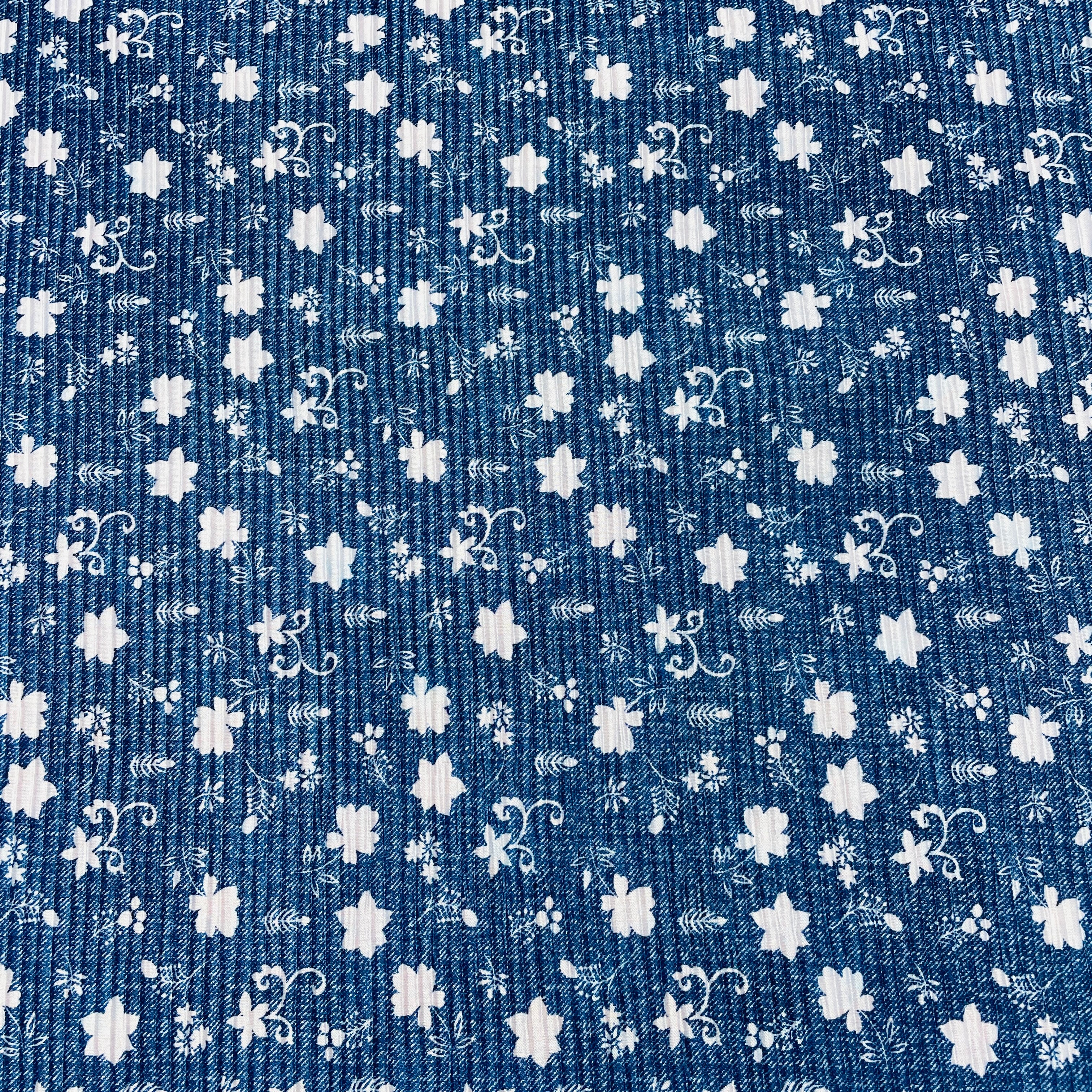 Navy Blue Floral Pleated Knitted Satin Fabric - Image 2
