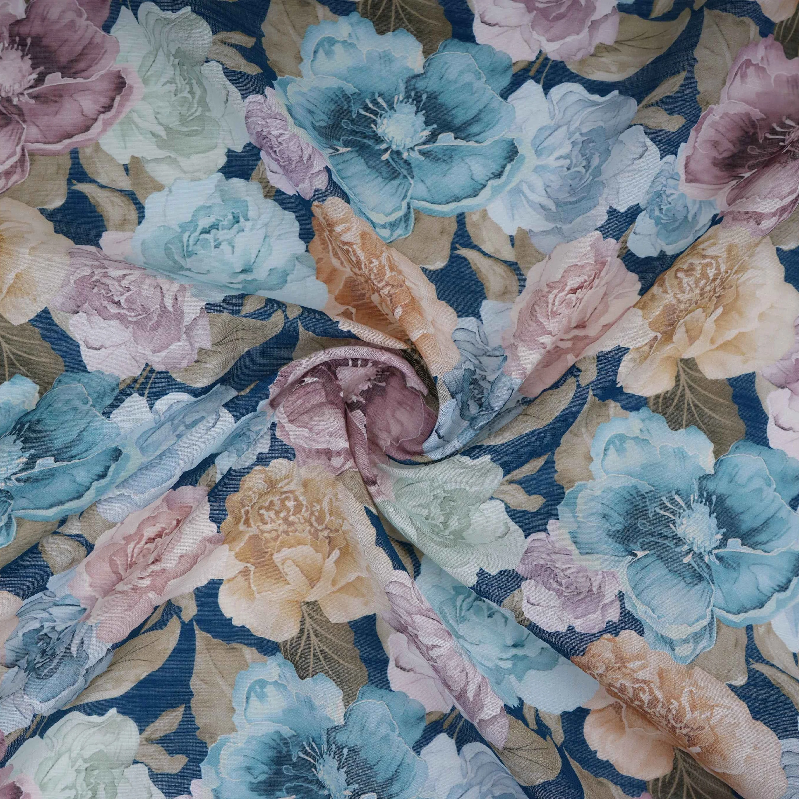 Navy Blue Floral Print Cotton Linen Fabric RT-30975 - Image 3