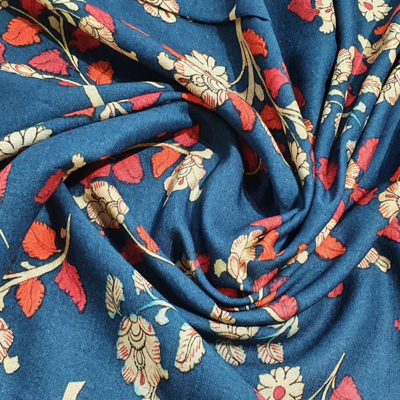 Navy Blue Floral Print Rayon Fabric , 42 Inches