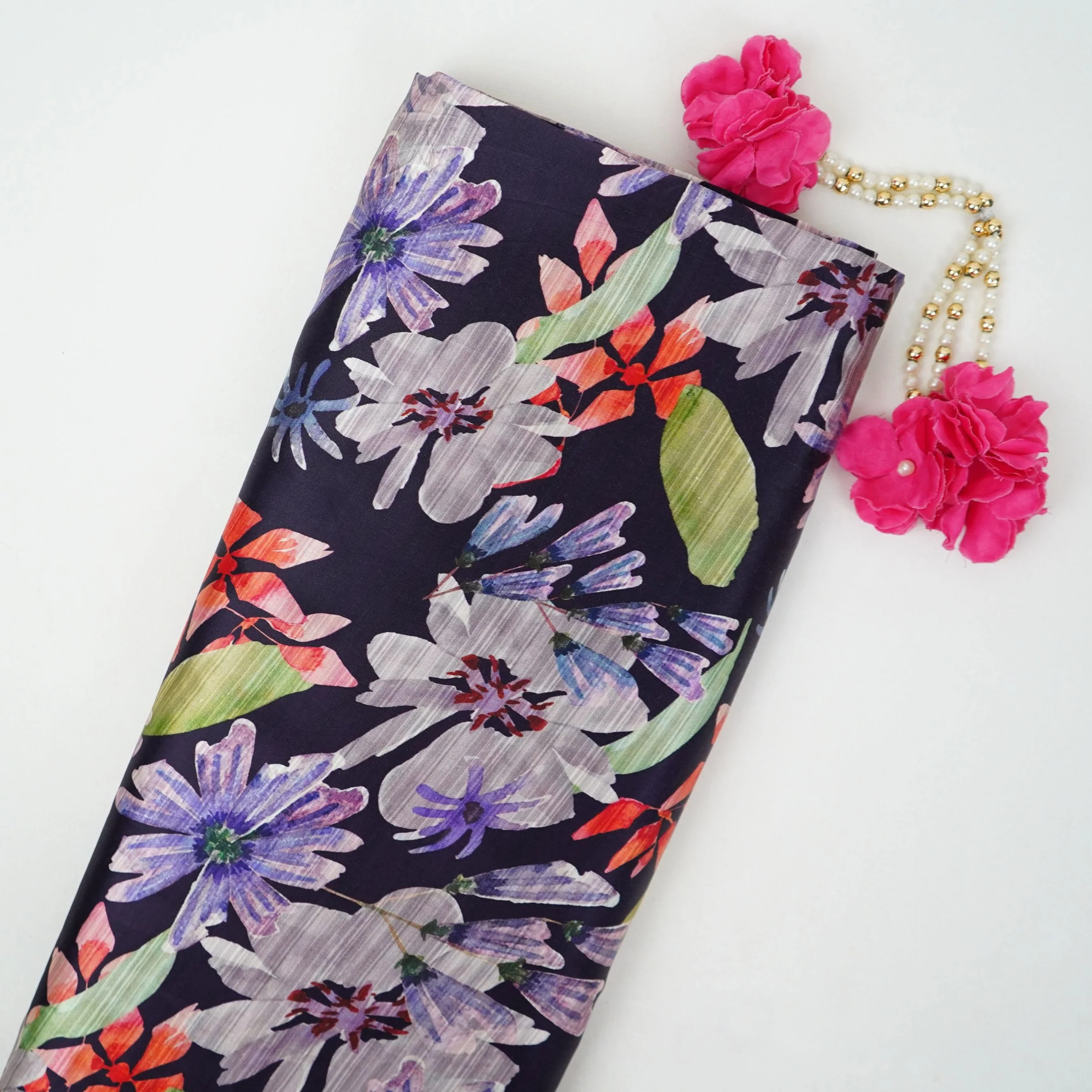 Navy Blue floral print Silk Satin Fabric NVC-31576