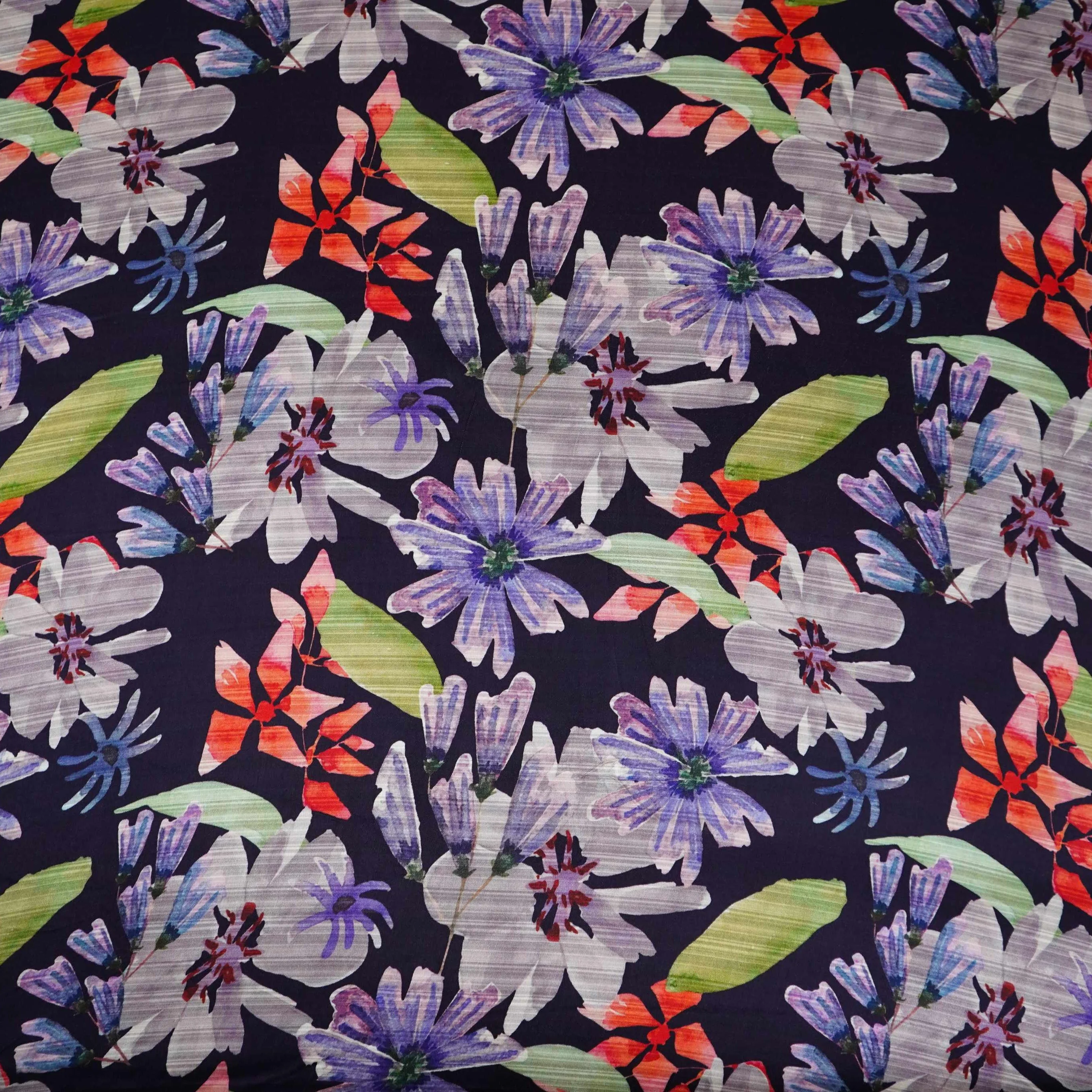 Navy Blue floral print Silk Satin Fabric NVC-31576 - Image 2