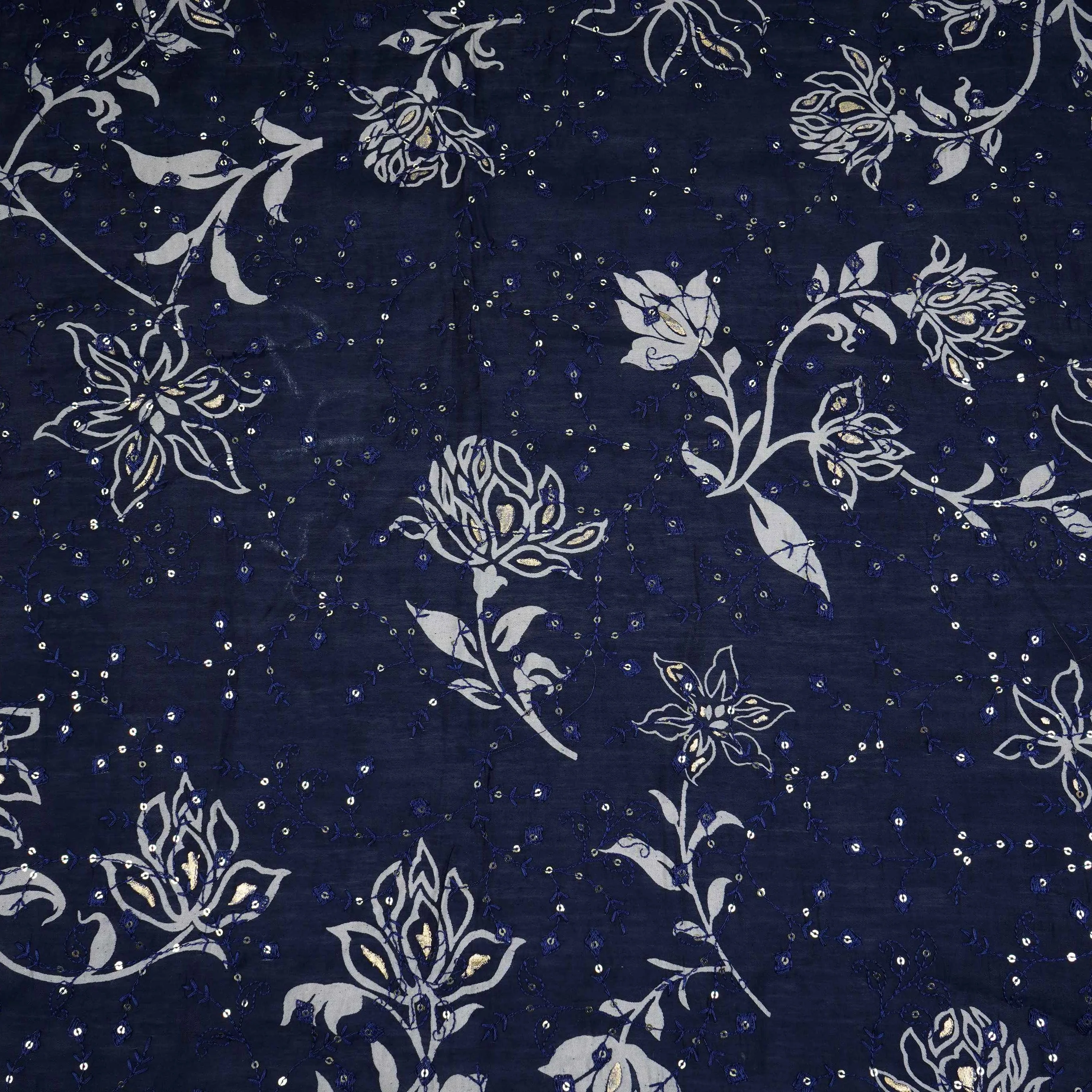 Navy Blue Foil floral embroidery Eri Cotton Silk Fabric MTFG-31058 - Image 2