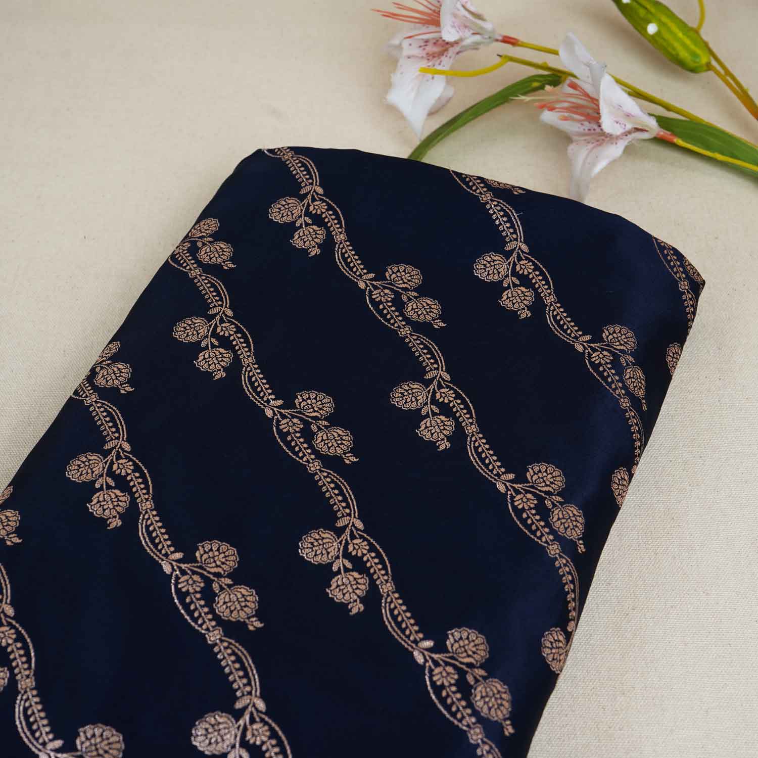 Navy Blue Saffron Floral Brocade Fabric NH-28923