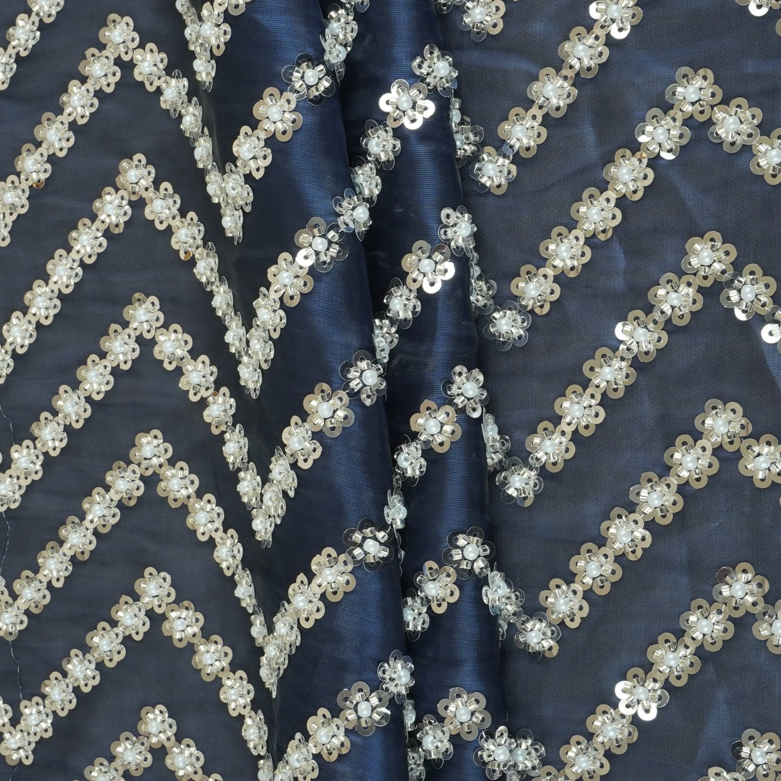 Navy Blue sequence cutdana embroidery Organza Fabric LI-29196 - Image 5