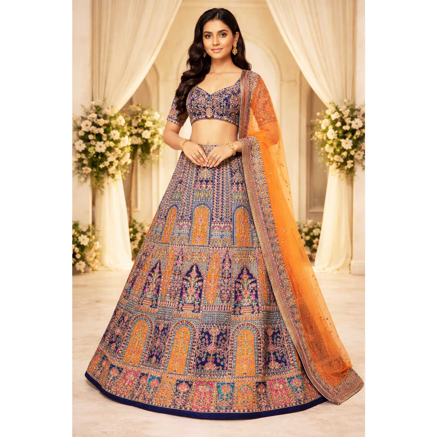 Navy Blue Traditional Zari Embroidery Crepe Fabric LT-28627 - Image 2