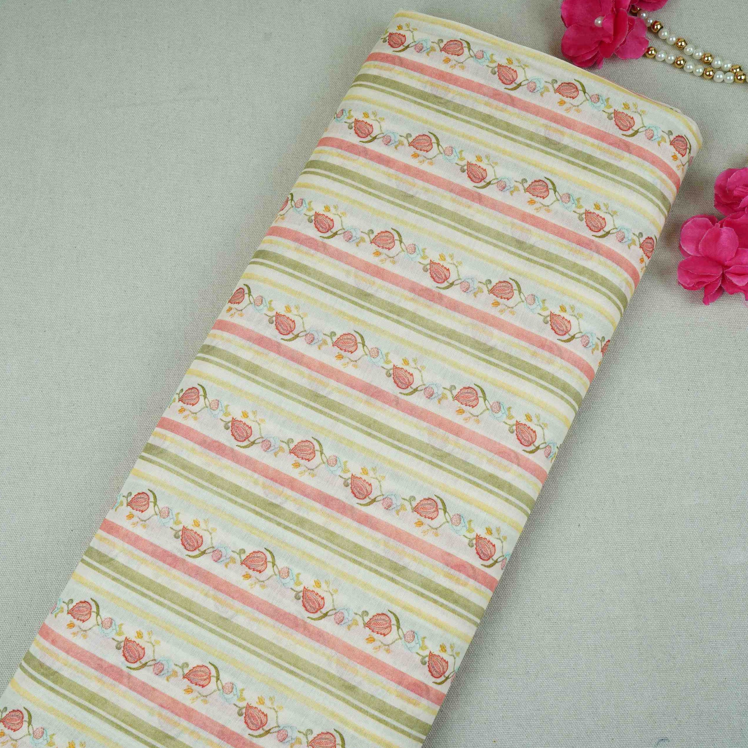Off White & Green Floral Stripes Print Mul Chanderi Fabric GTS-30505