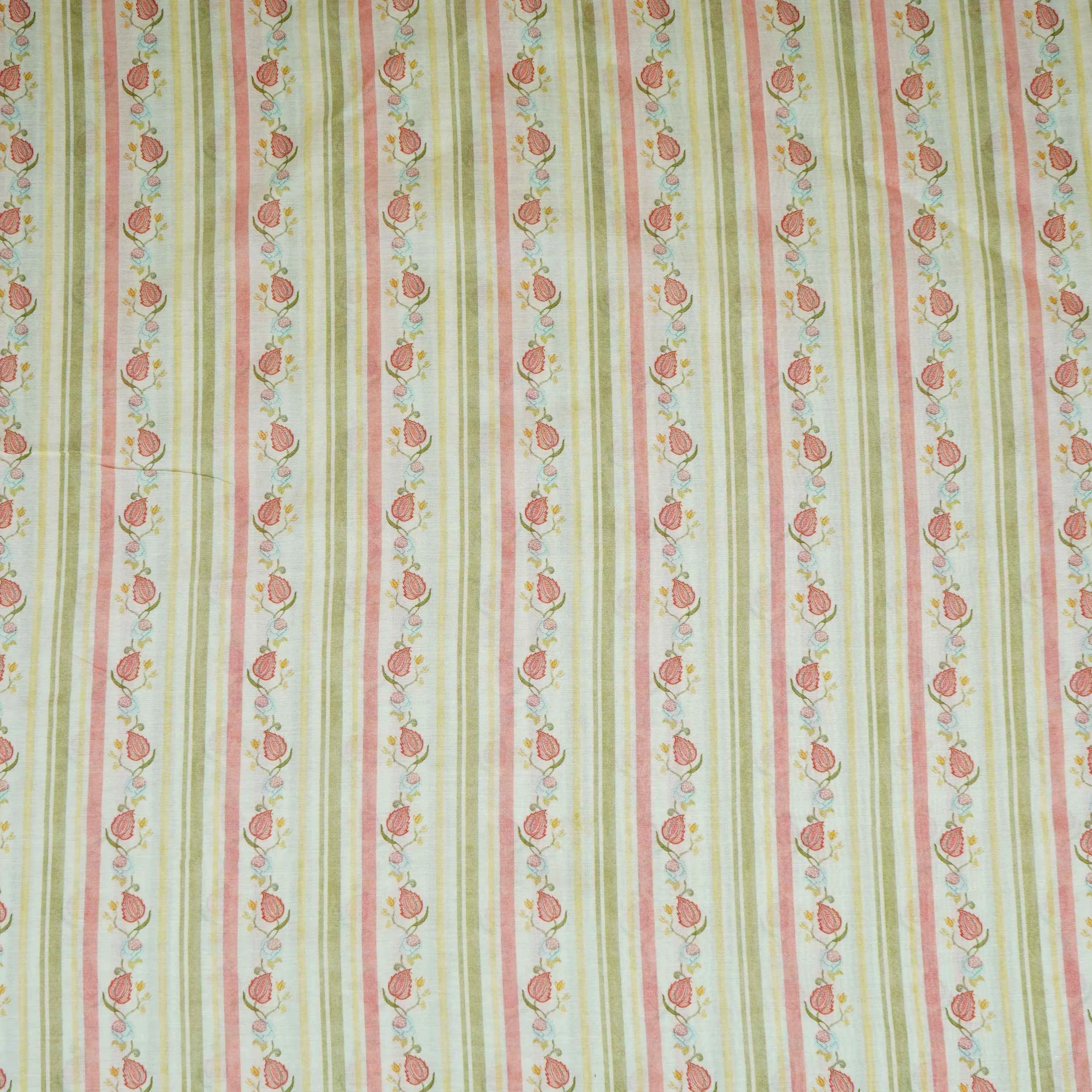 Off White & Green Floral Stripes Print Mul Chanderi Fabric GTS-30505 - Image 3