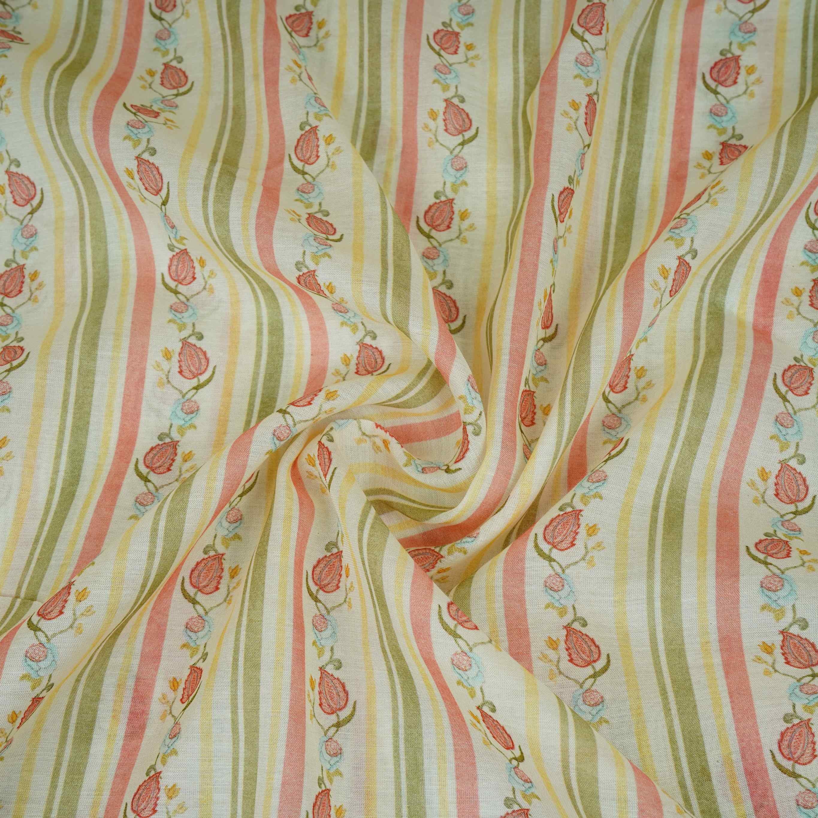 Off White & Green Floral Stripes Print Mul Chanderi Fabric GTS-30505 - Image 4