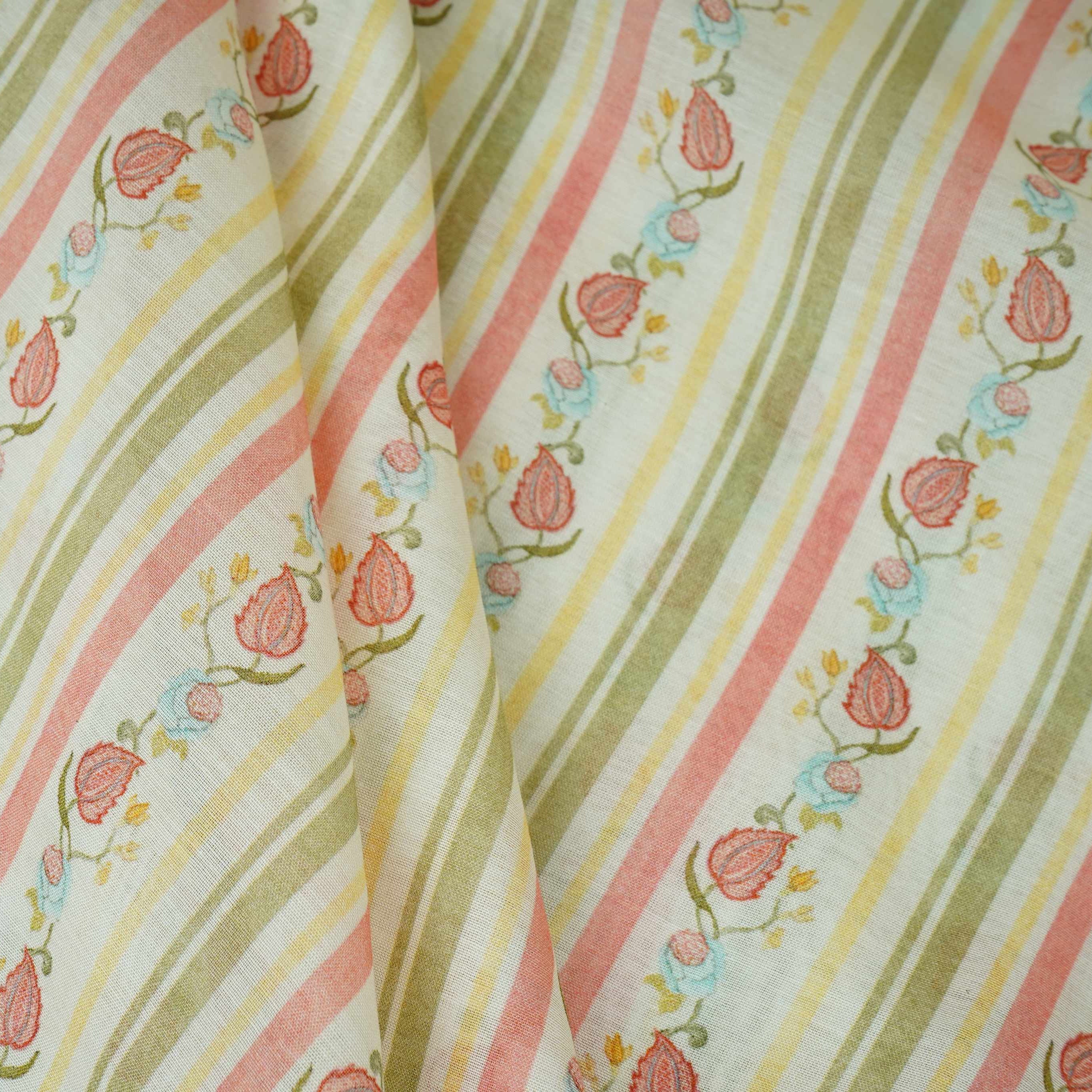 Off White & Green Floral Stripes Print Mul Chanderi Fabric GTS-30505 - Image 5