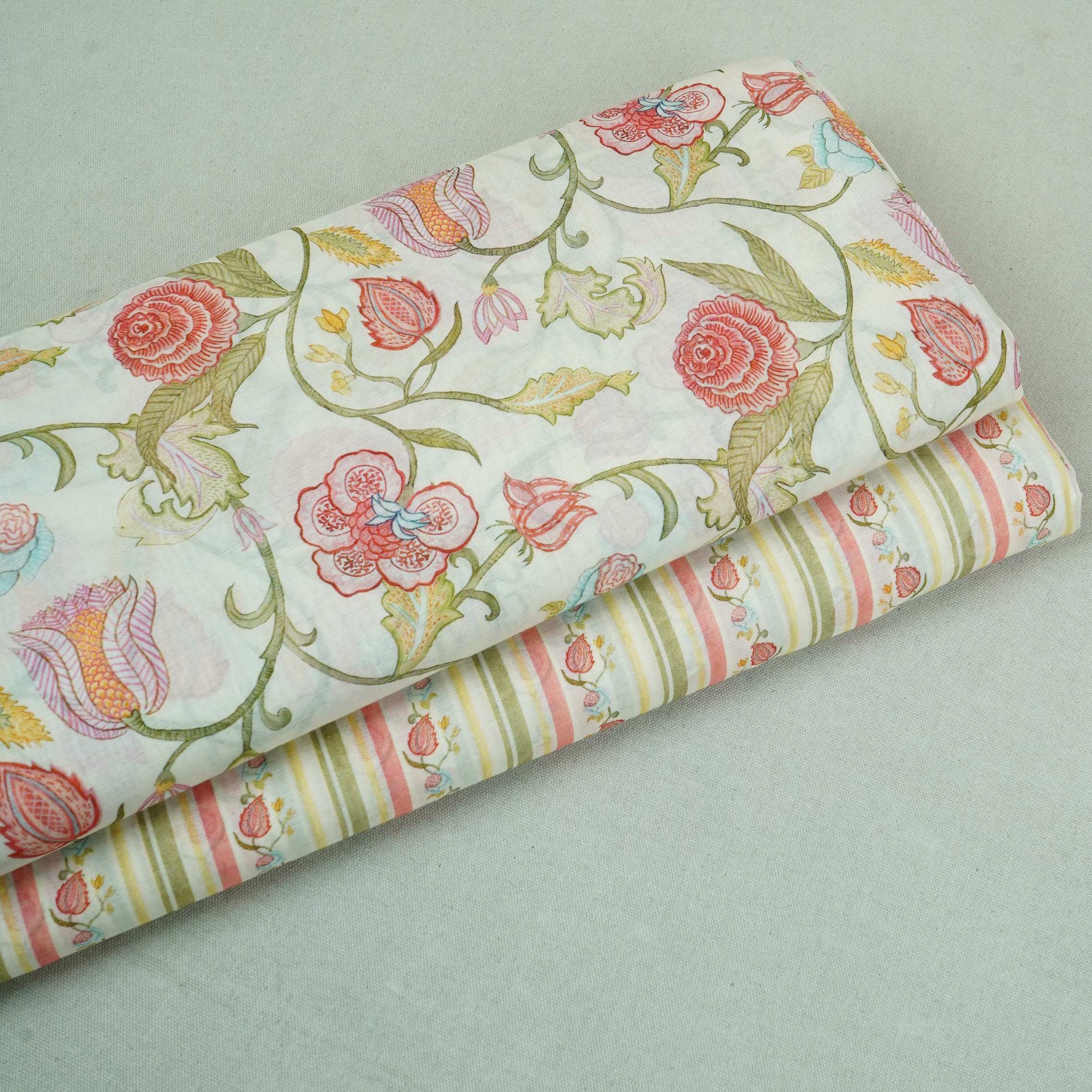 Off White & Green Floral Stripes Print Mul Chanderi Fabric GTS-30505 - Image 6