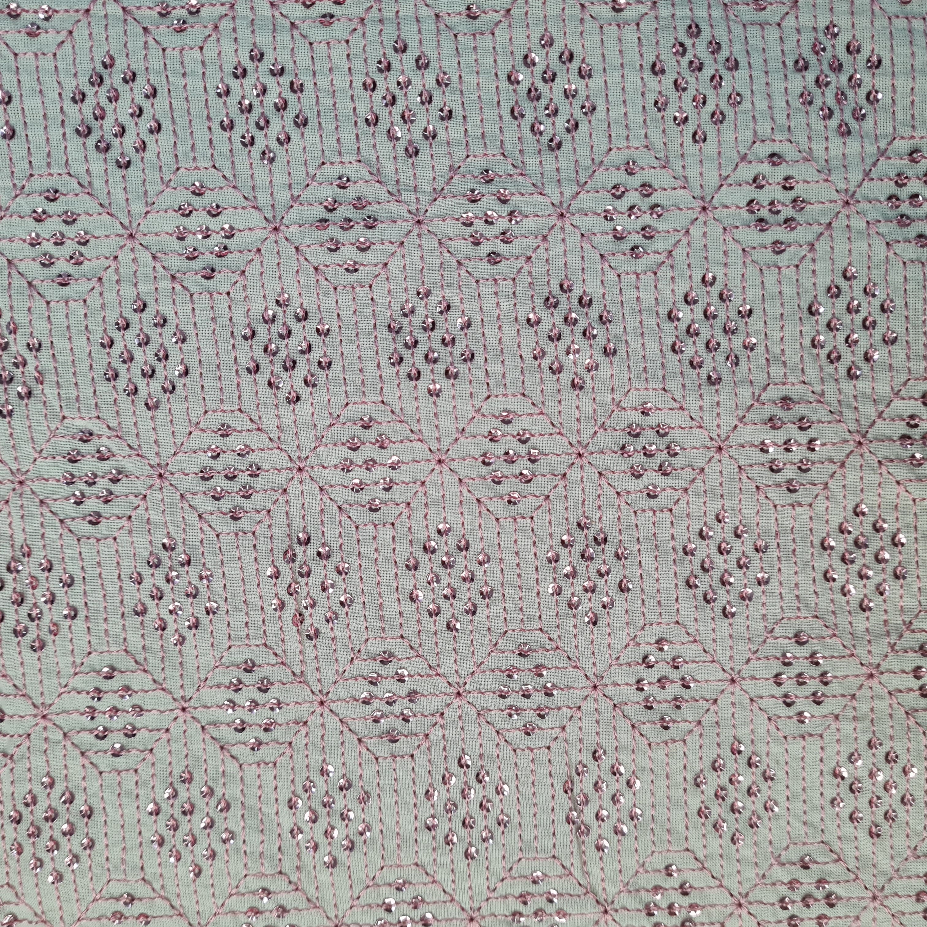 Off White and Pink Sequins Embroidery Cotton Fabric 17873 - Image 3
