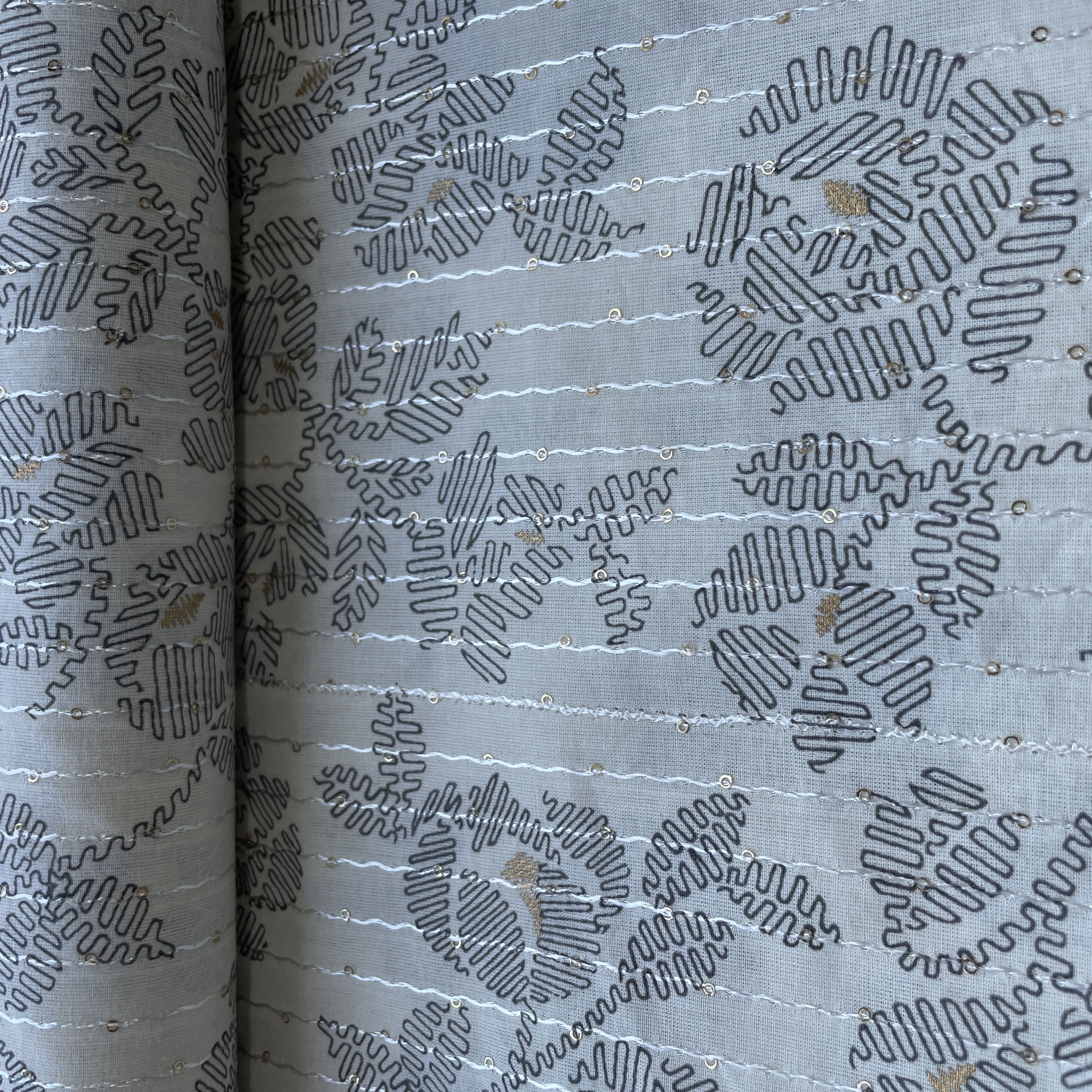 Off White Black Floral Foil Thread Sequins Embroidery Cotton Fabric 15428 - Image 3