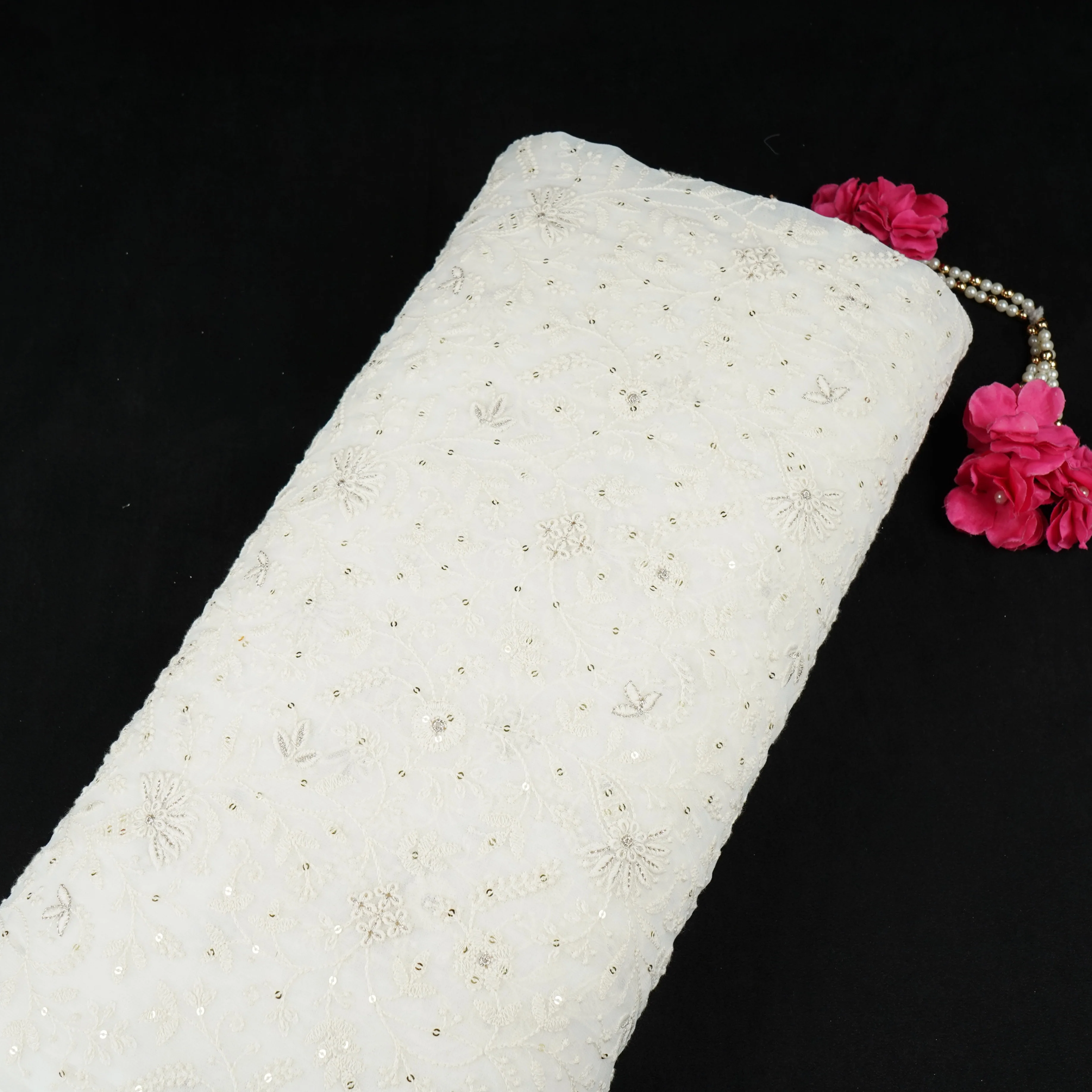 Off White Dyeable Chikankari Embroidery Georgette Fabric AT-30352