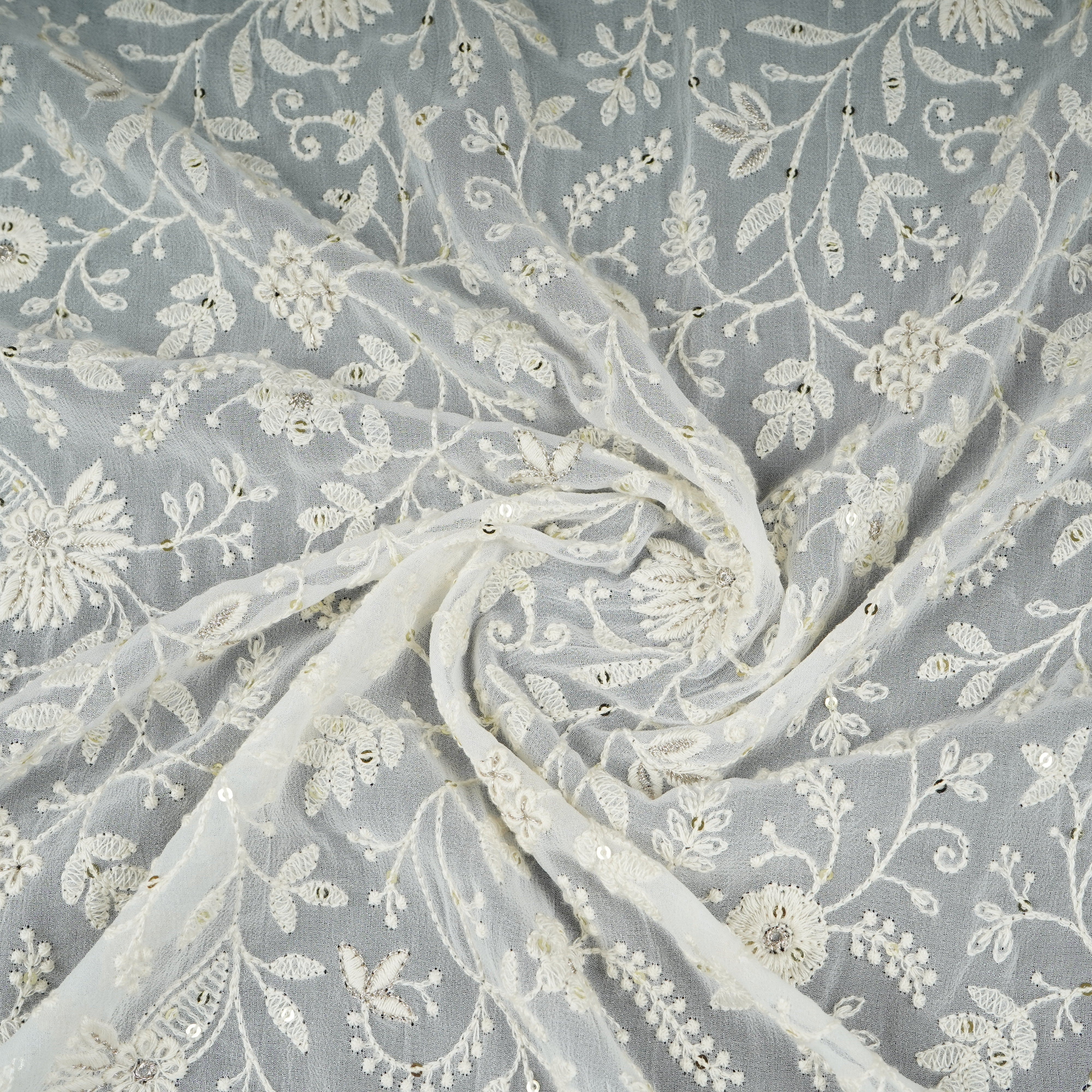 Off White Dyeable Chikankari Embroidery Georgette Fabric AT-30352 - Image 3