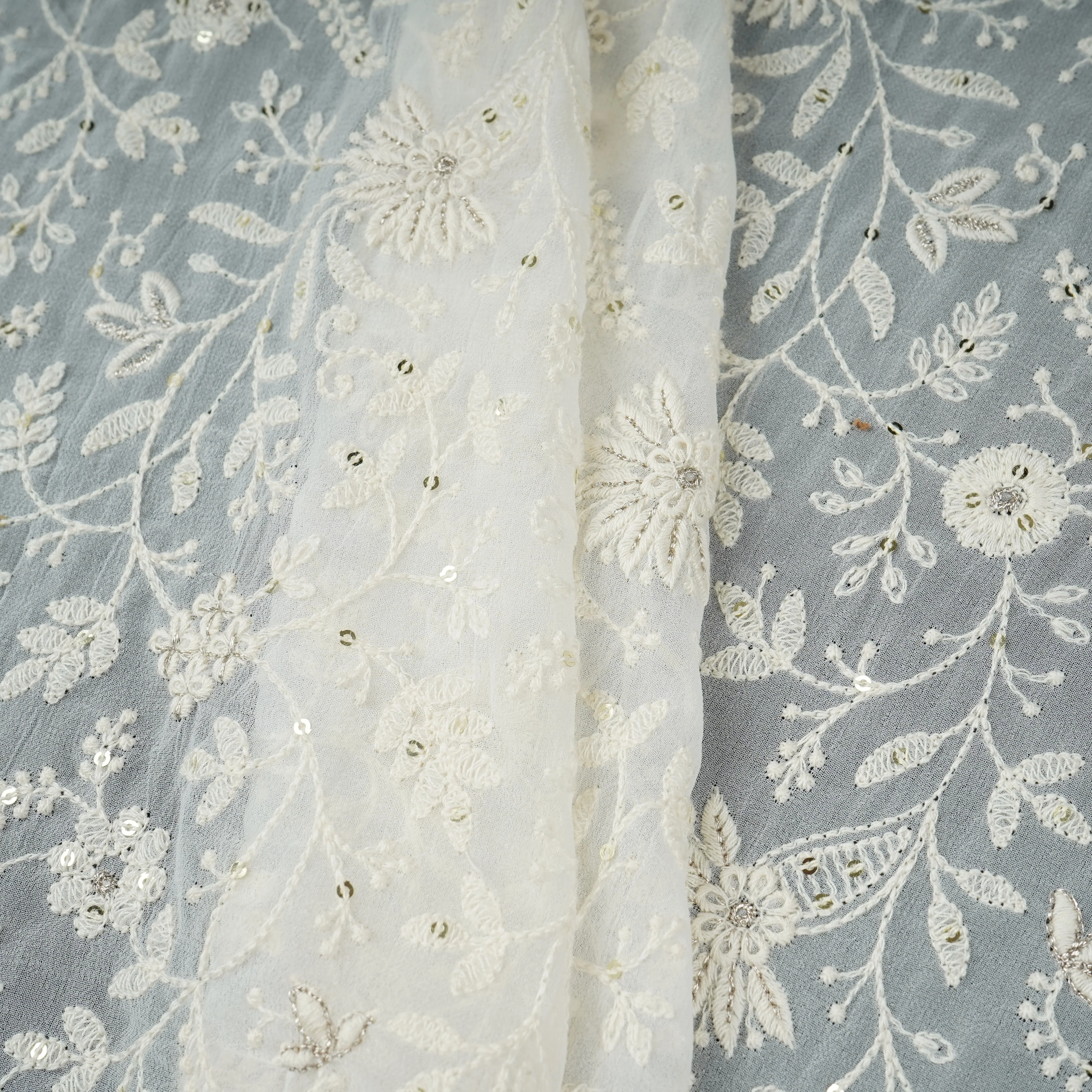 Off White Dyeable Chikankari Embroidery Georgette Fabric AT-30352 - Image 4