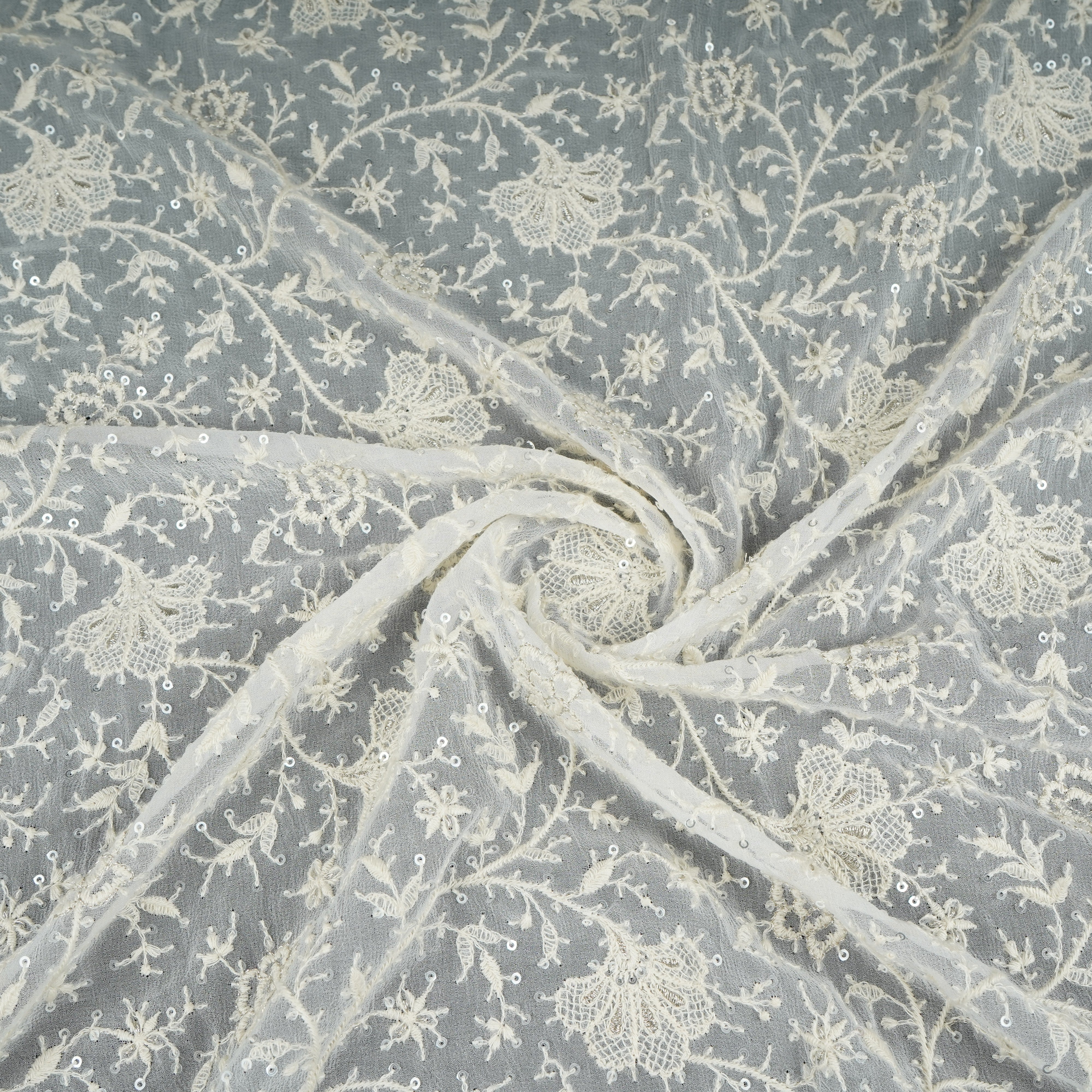 Off White Dyeable Chikankari Embroidery Georgette Fabric AT-30353 - Image 3