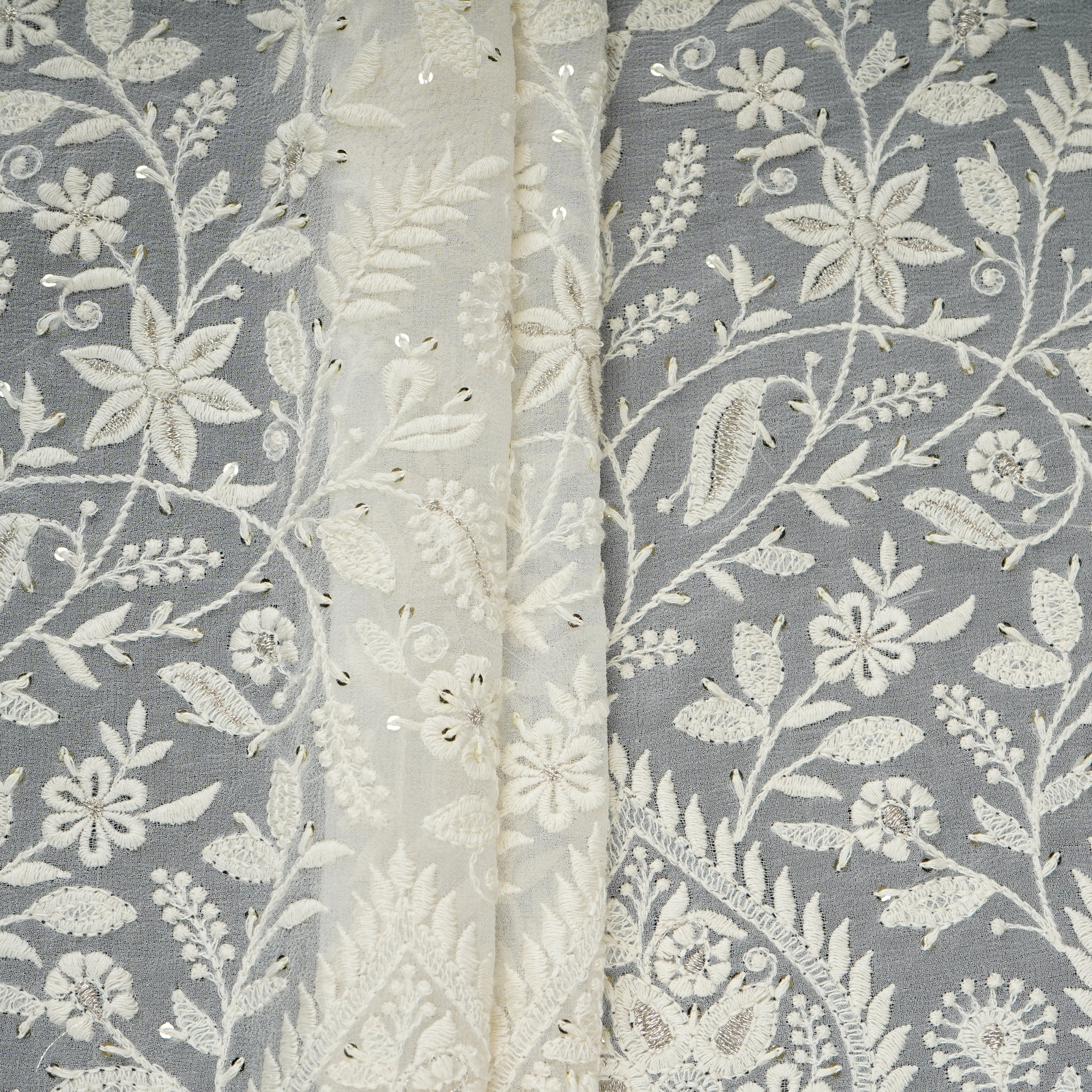Off White Dyeable Mirror Embroidery Georgette Fabric AT-30349 - Image 4