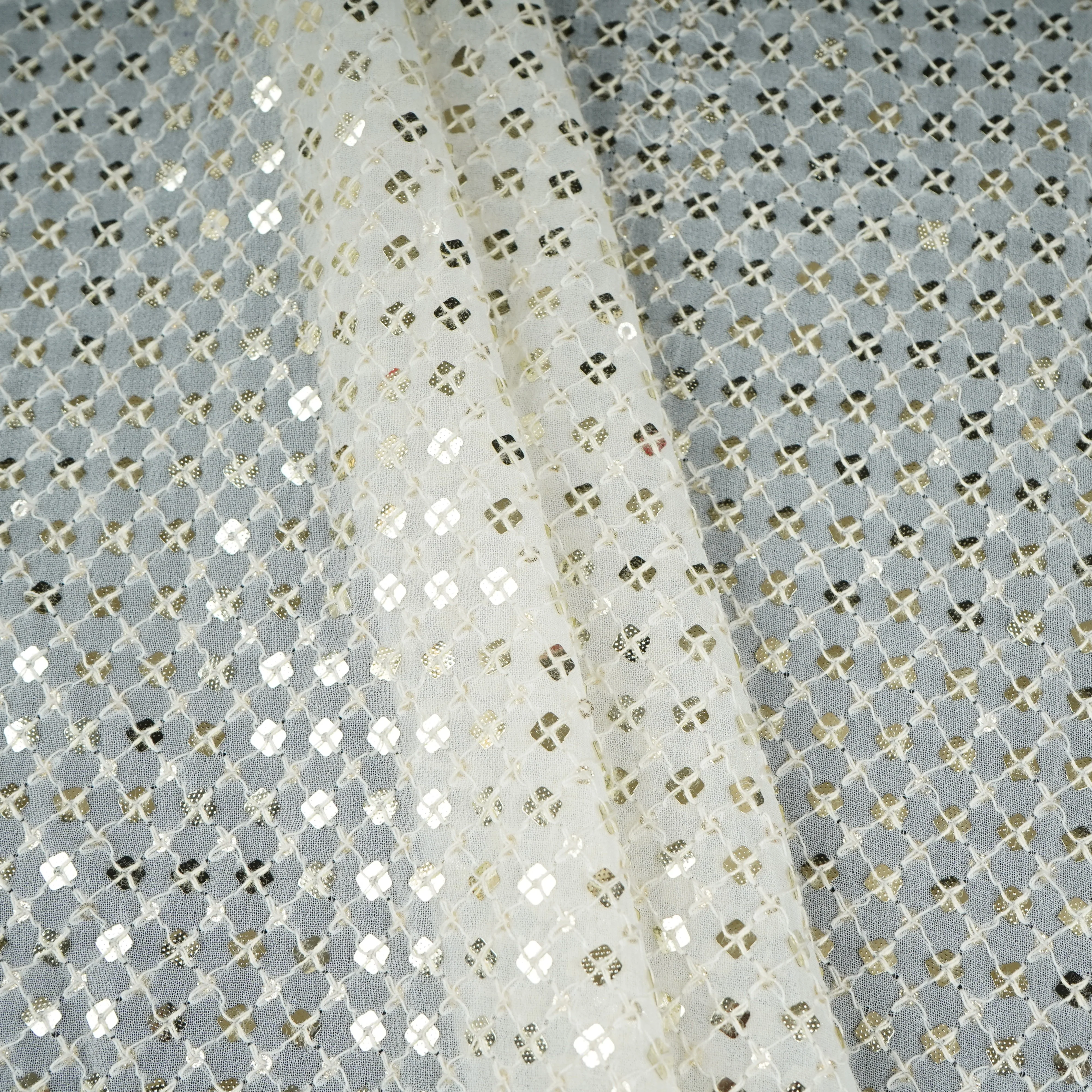 Off White Dyeable Sequence Embroidery Georgette Fabric AT-30355 - Image 4