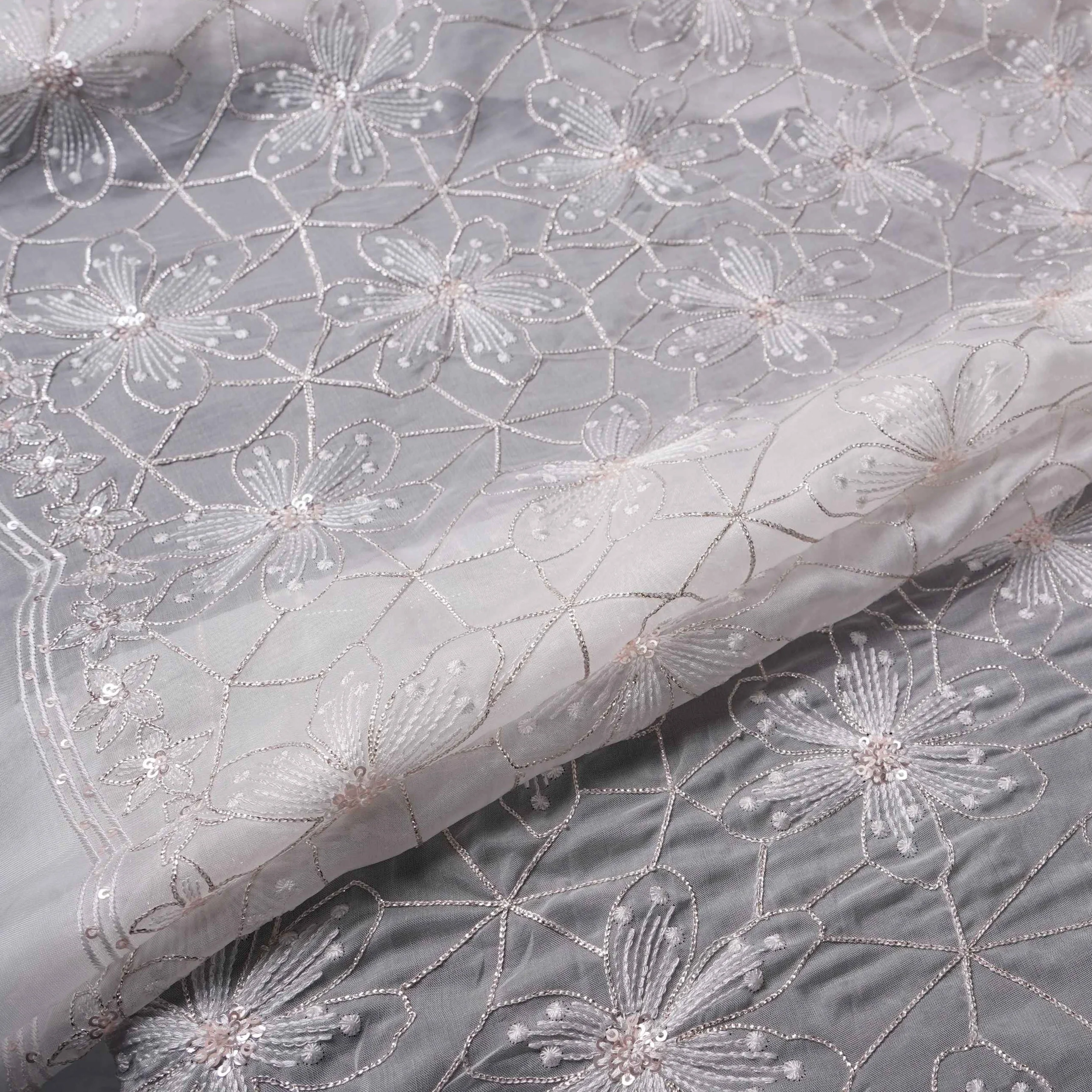 Off White floral Jaal embroidery Tissue Organza Fabric VFS-31694 - Image 4