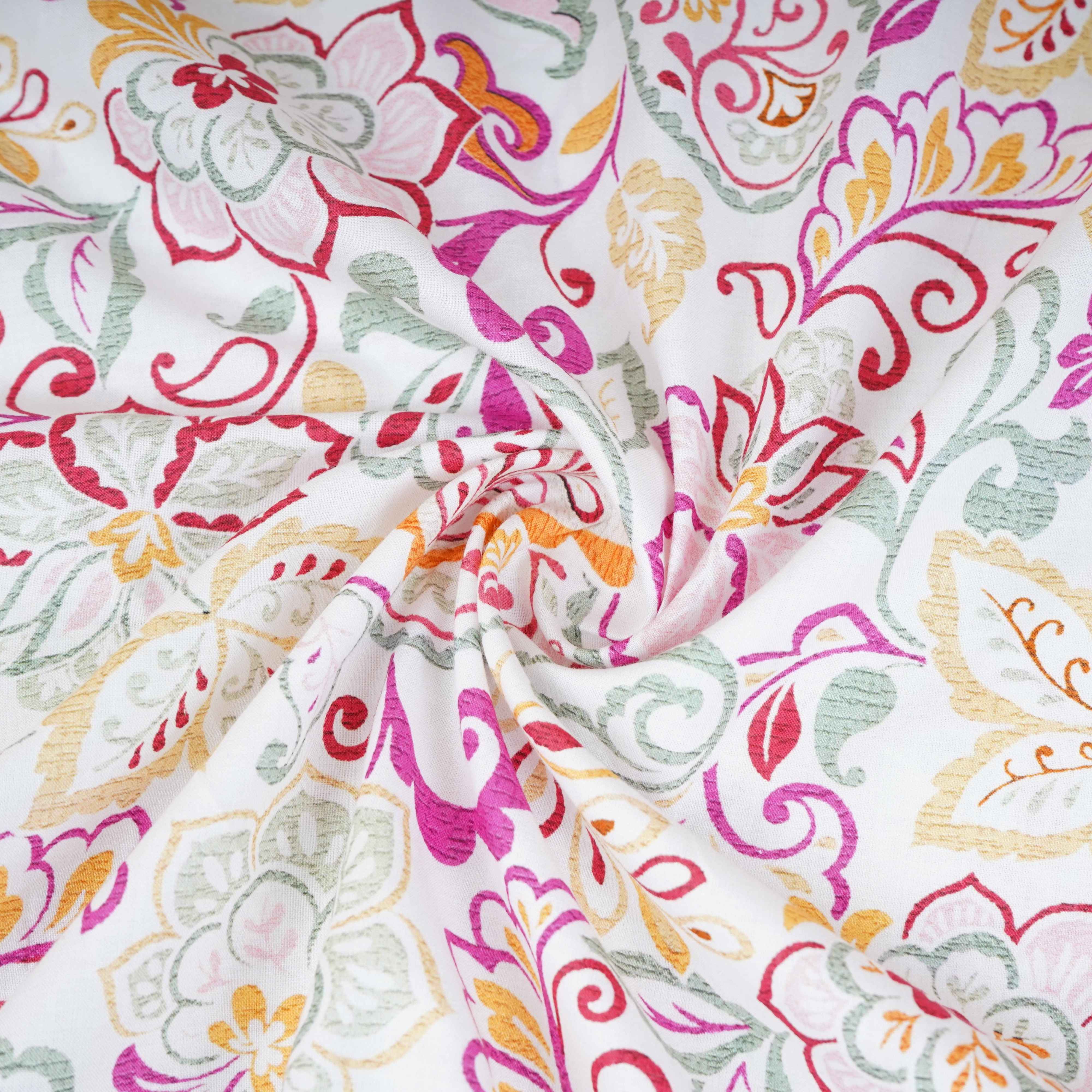 Off White Floral Print Cotton Mulmul Fabric PG-30387 - Image 3