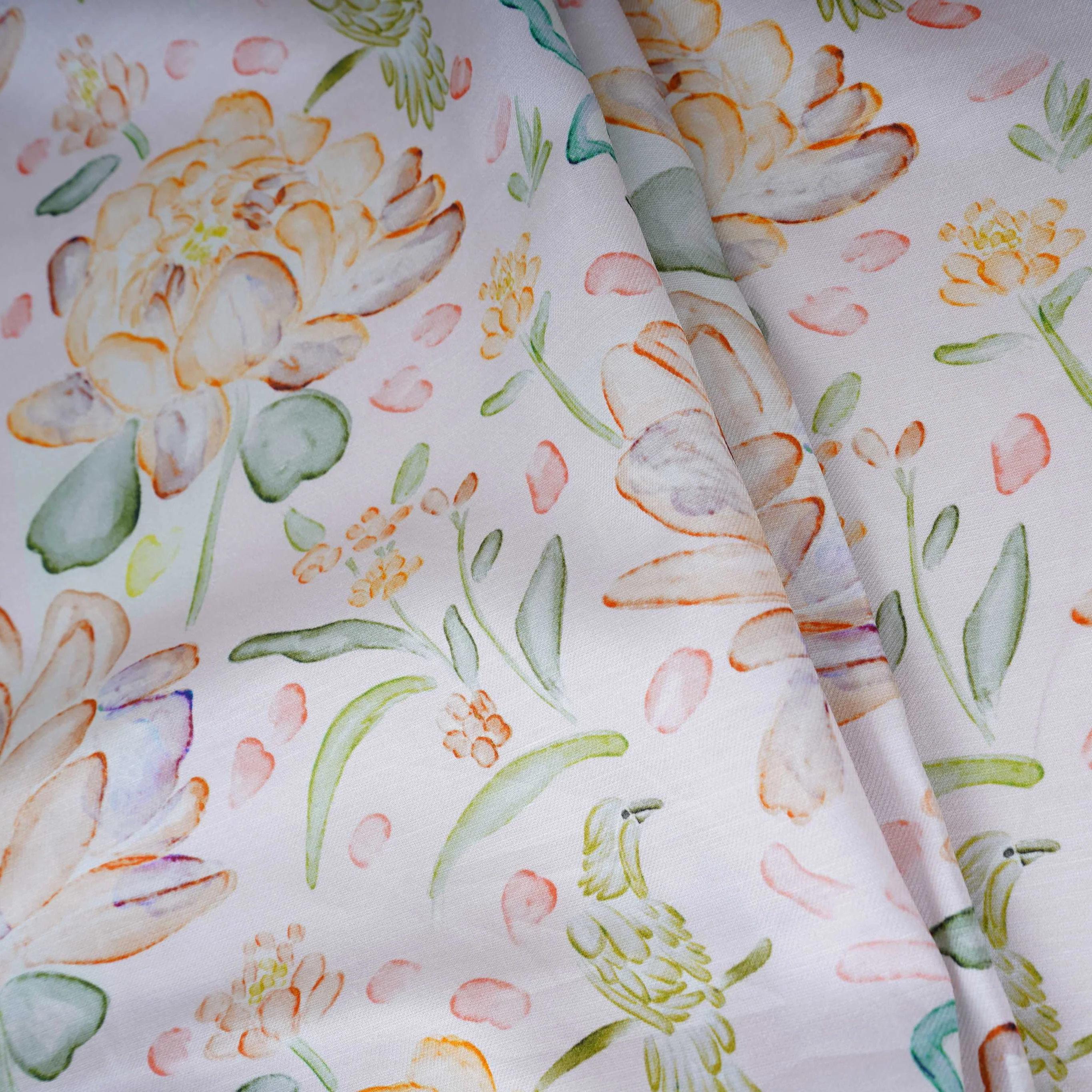 Off White Floral Print Satin Linen Fabric MT-30985 - Image 4